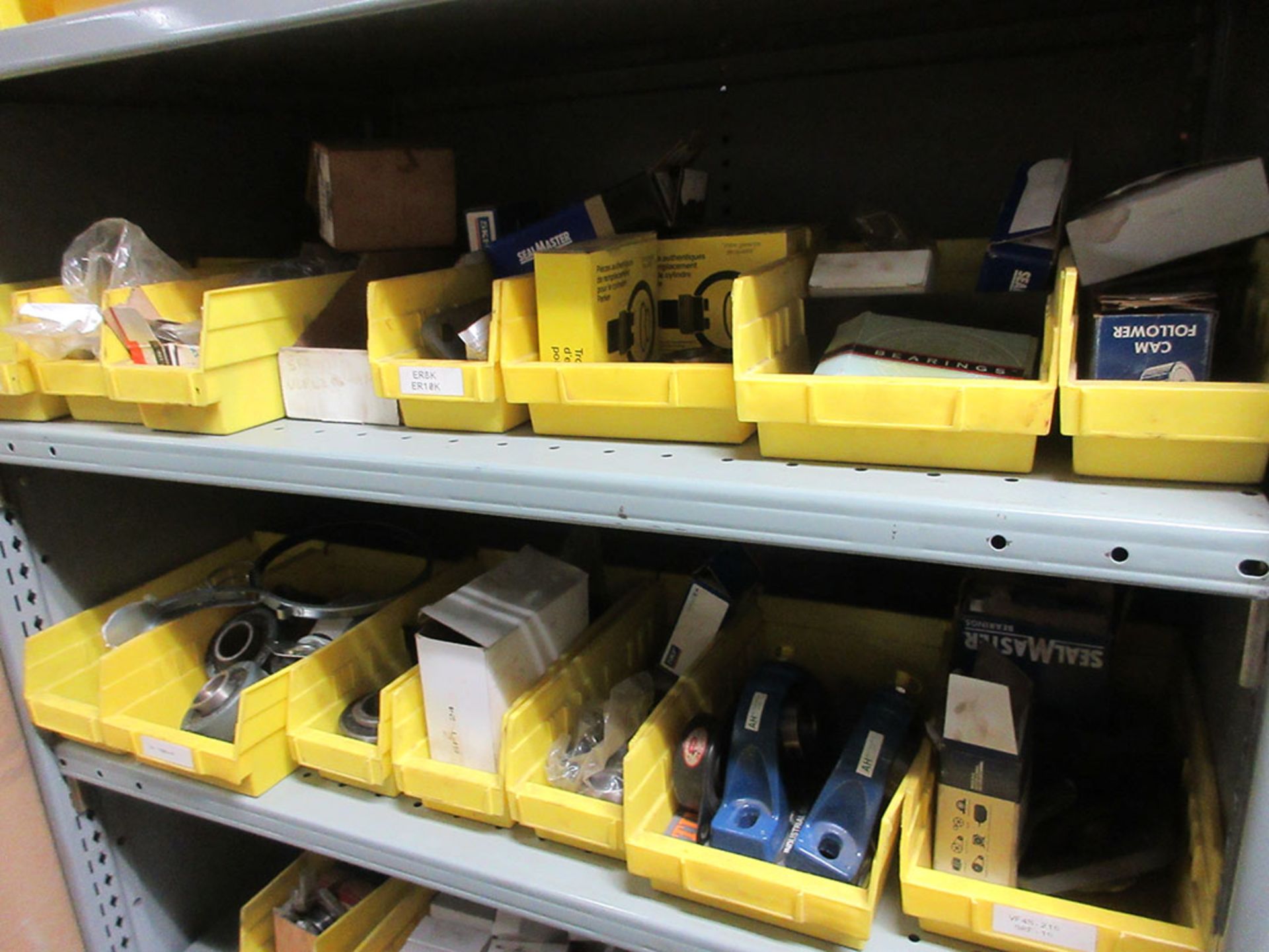 (16) SECTIONS OF ASSORTED SHELVING WITH CONTENTS; HARDWARE, BEARINGS, AIR TANKS, HOSE, PULLEYS, - Image 12 of 13