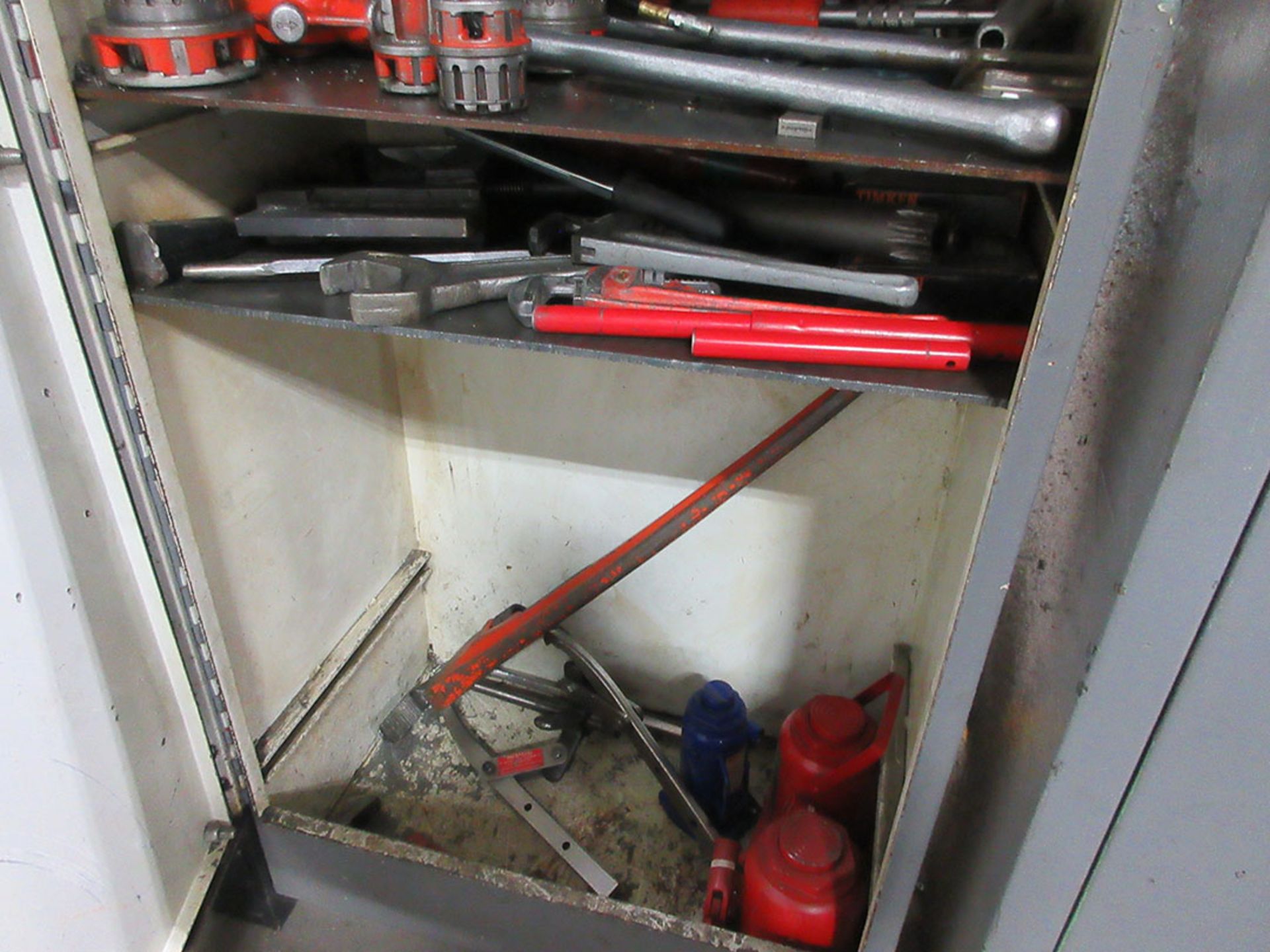 CABINET WITH PLUMBING TOOLS; PIPE WRENCHES, THREAD DIES, ALSO ALONG WALL PIPE BENDERS - Image 3 of 4