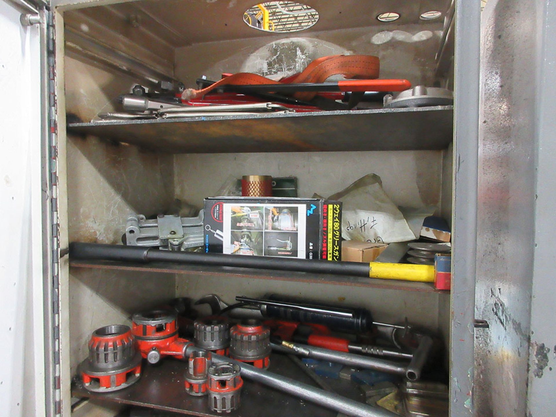 CABINET WITH PLUMBING TOOLS; PIPE WRENCHES, THREAD DIES, ALSO ALONG WALL PIPE BENDERS - Image 2 of 4
