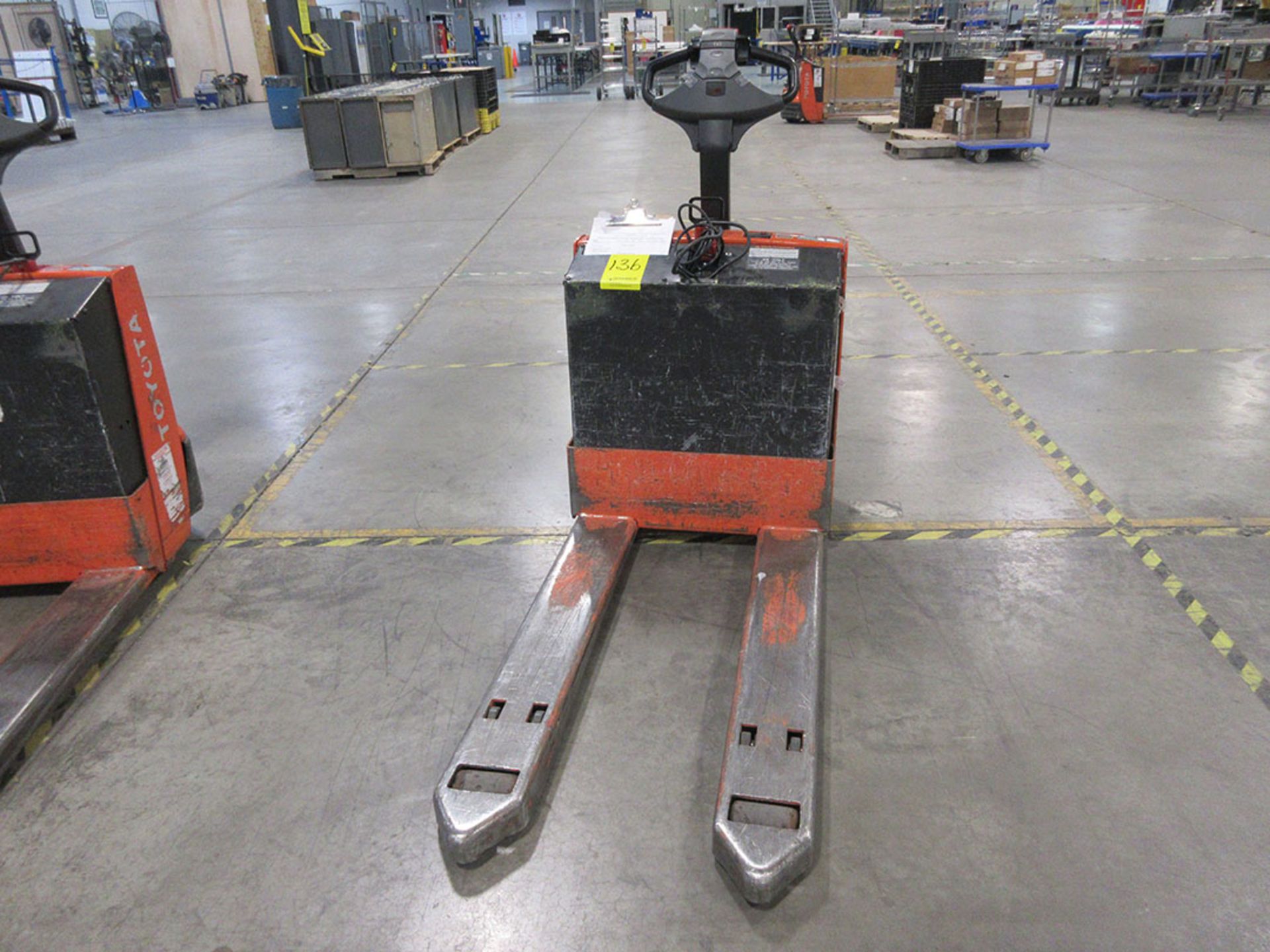 TOYOTA 4,500 LB. WALK BEHIND ELECTRIC PALLET JACK; 46'' FORKS, 24V, 110 CHARGE, MODEL 7HBW23, S/N