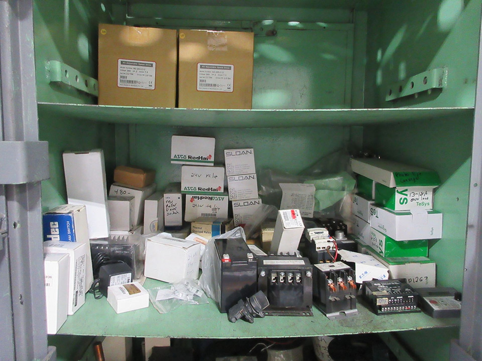 (4) CABINETS WITH CONTENTS; SAFETY EQUIPMENT, ELECTRICAL SWITCHES, FUSES, AND V-BELTS - Image 2 of 7