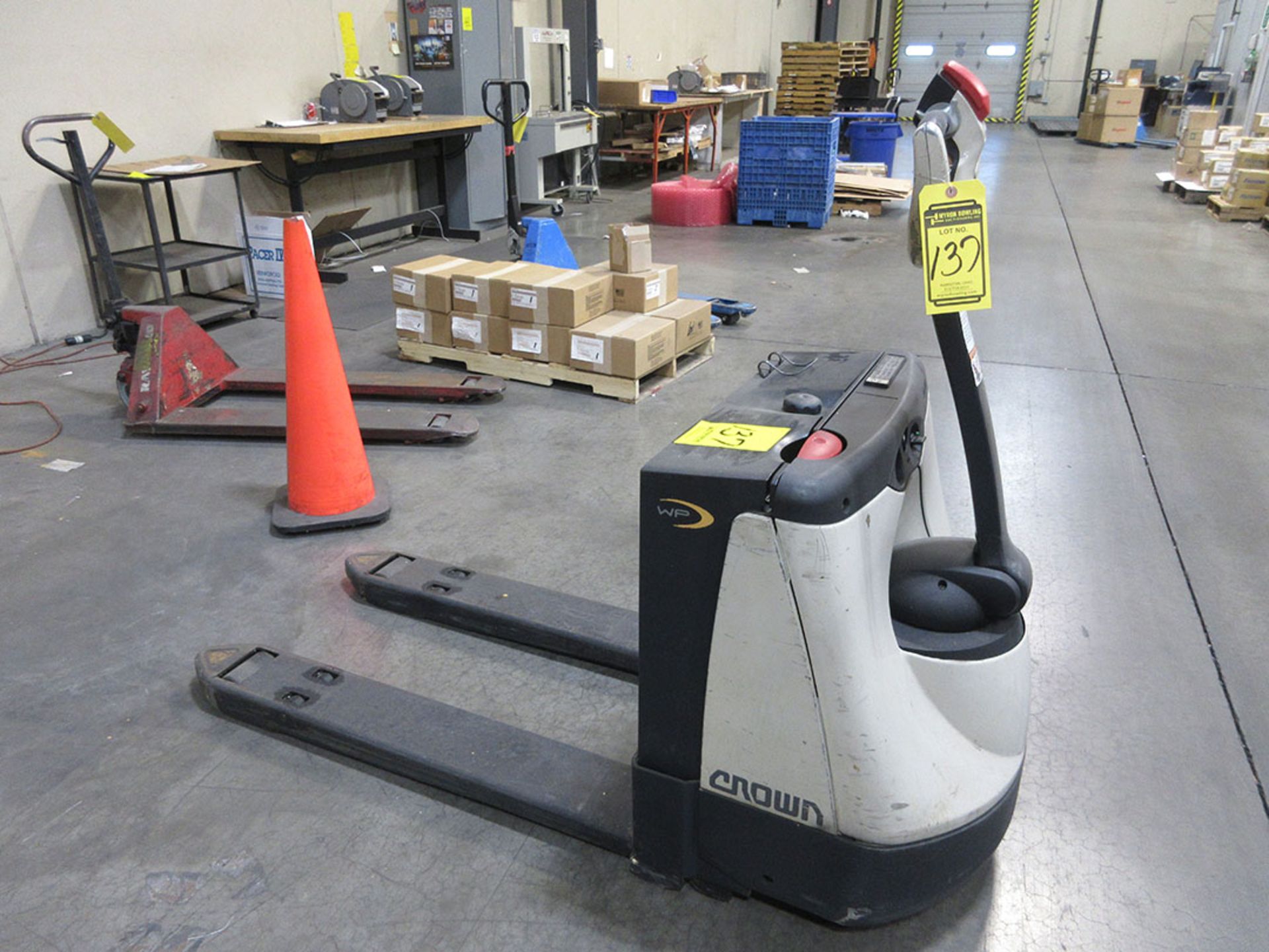 CROWN 2,000 LB. WALK BEHIND ELECTRIC PALLET JACK; 46'' FORKS, 24V, 110V CHARGE, S/N 5A338599