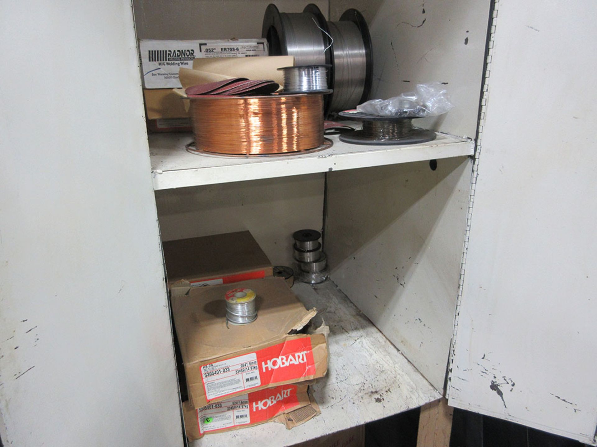 (2) 2-DOOR CABINETS WITH CONTENTS; WELDING WIRE, HELMETS, LEATHERS, AND ACCESSORIES - Image 2 of 2