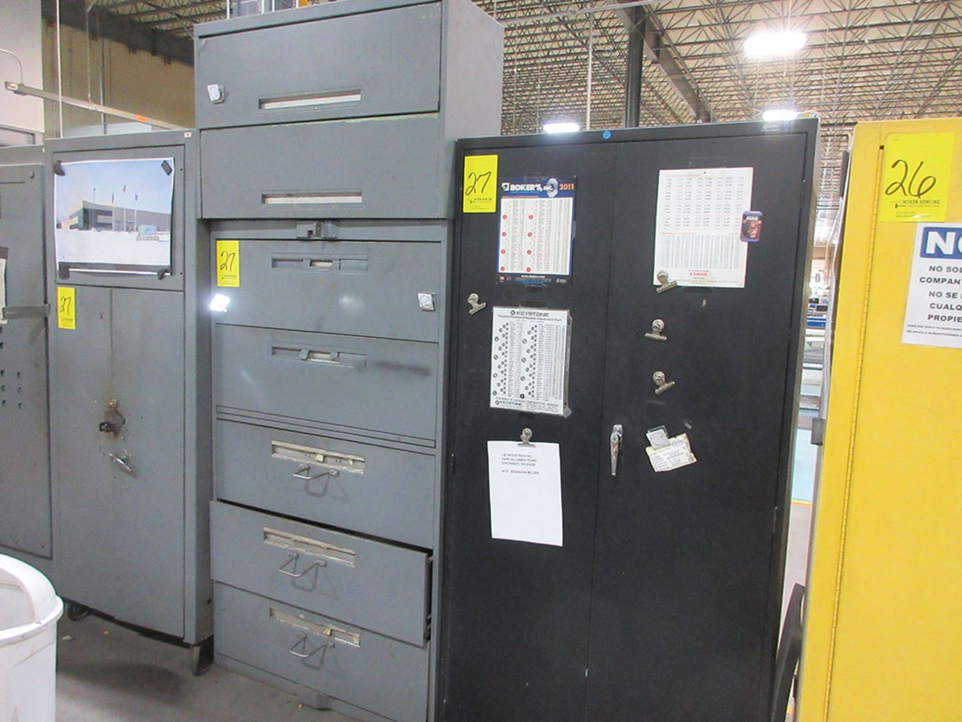 (4) CABINETS WITH CONTENTS; SAFETY EQUIPMENT, ELECTRICAL SWITCHES, FUSES, AND V-BELTS