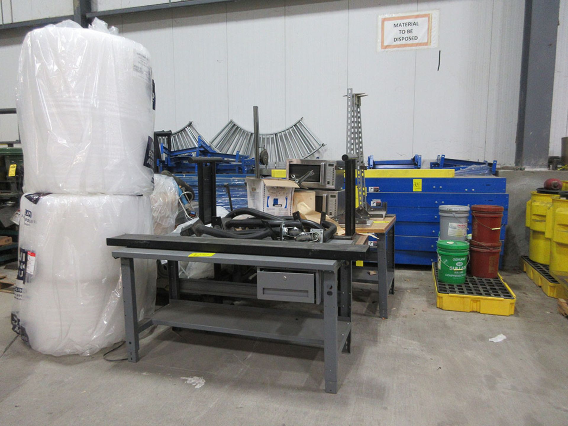 CONVEYOR, WIRE DECKING, TABLES, CENTRAL MACHINERY 16 SPEED DRILL PRESS, DAYTON 10'' CONTRACTOR,