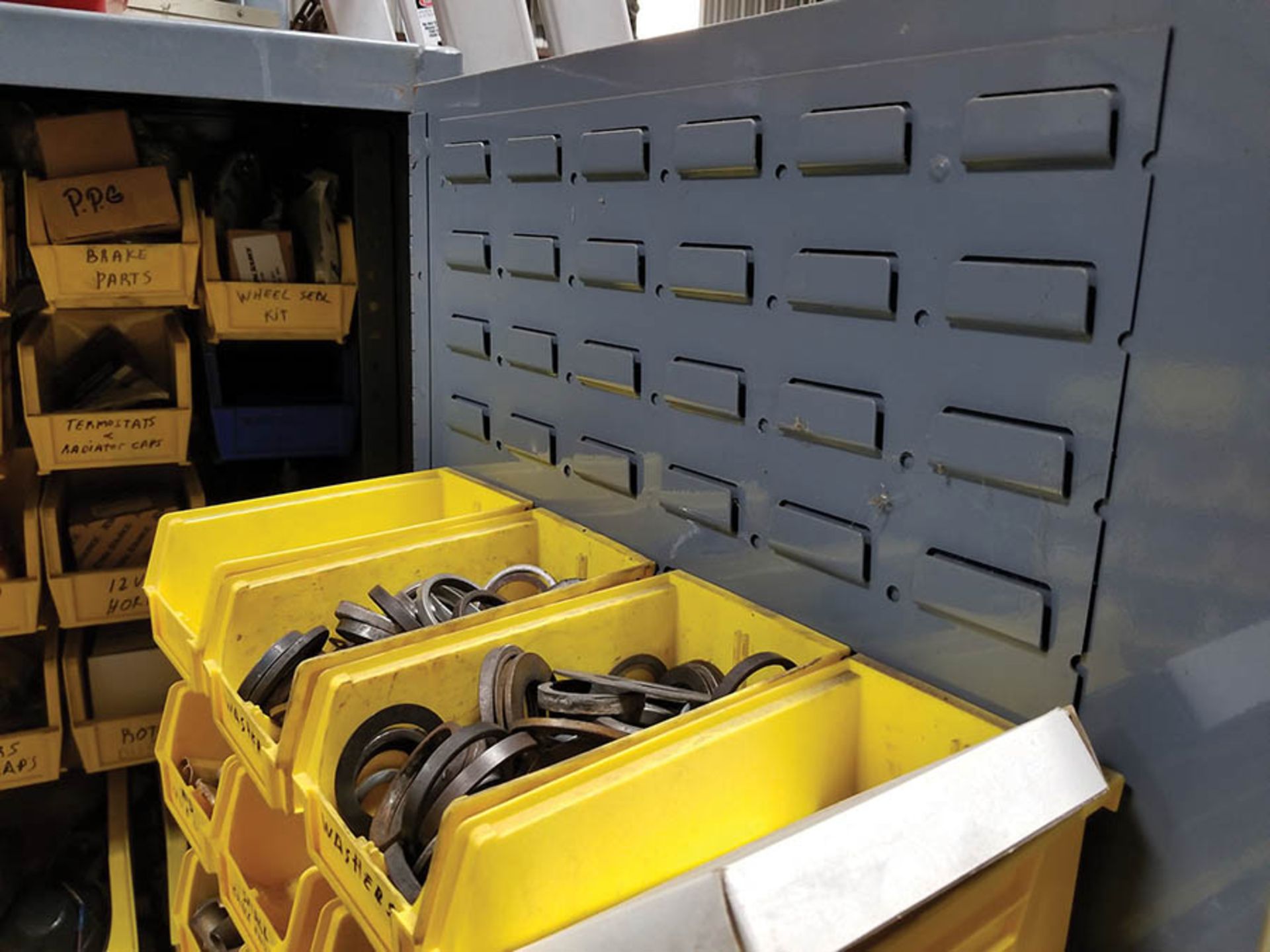 HD STEEL PARTS BIN CABINET WITH FORKLIFT AND PALLET JACK PARTS INCLUDING BELTS, FILTERS, GAUGES, - Image 7 of 7