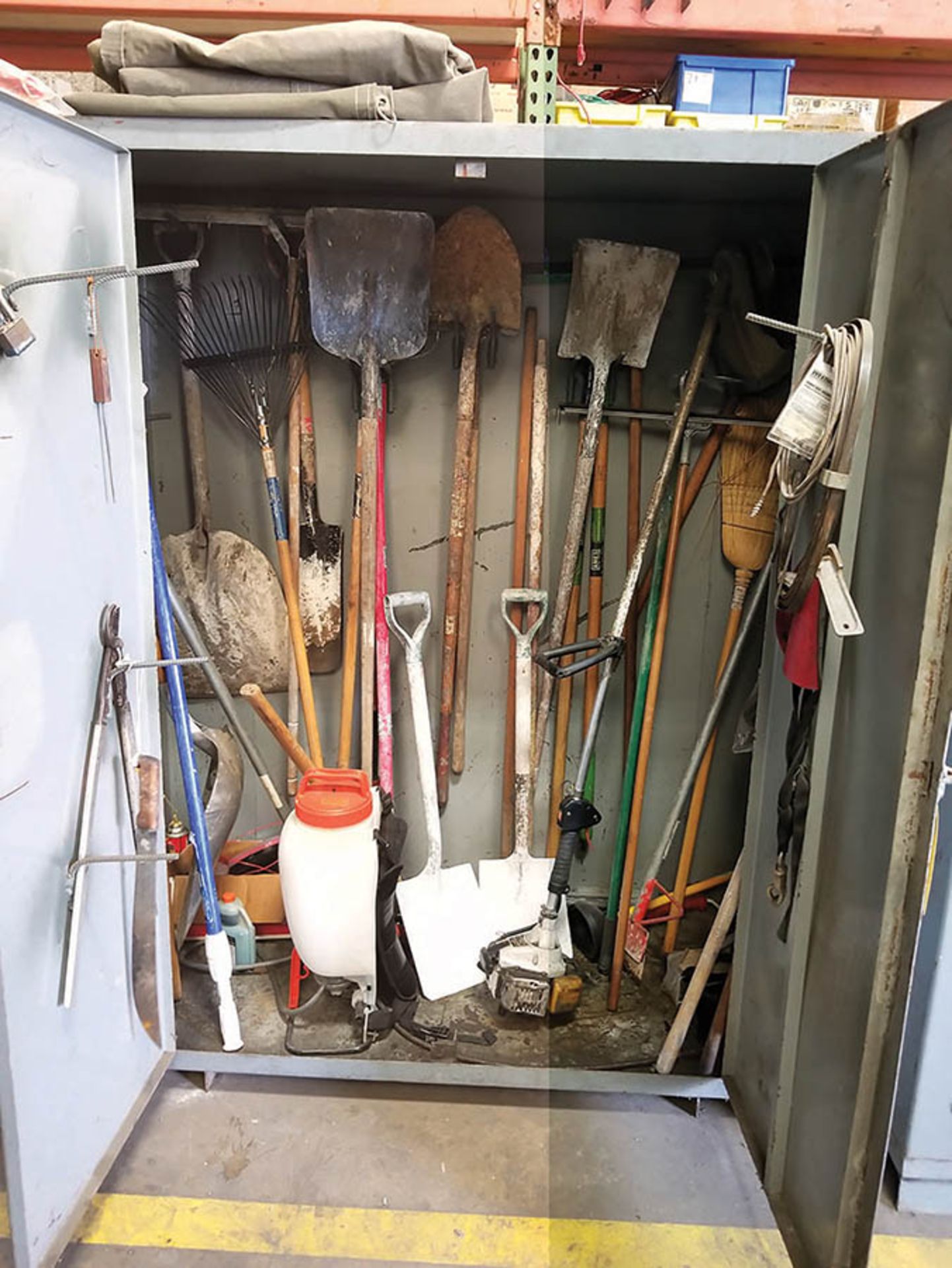 HD STEEL CABINET WITH SHOVELS, BROOMS, WEED EATER, BACK PACK SPRAYER, SPADE, SCRAPERS, ETC. - Image 2 of 7