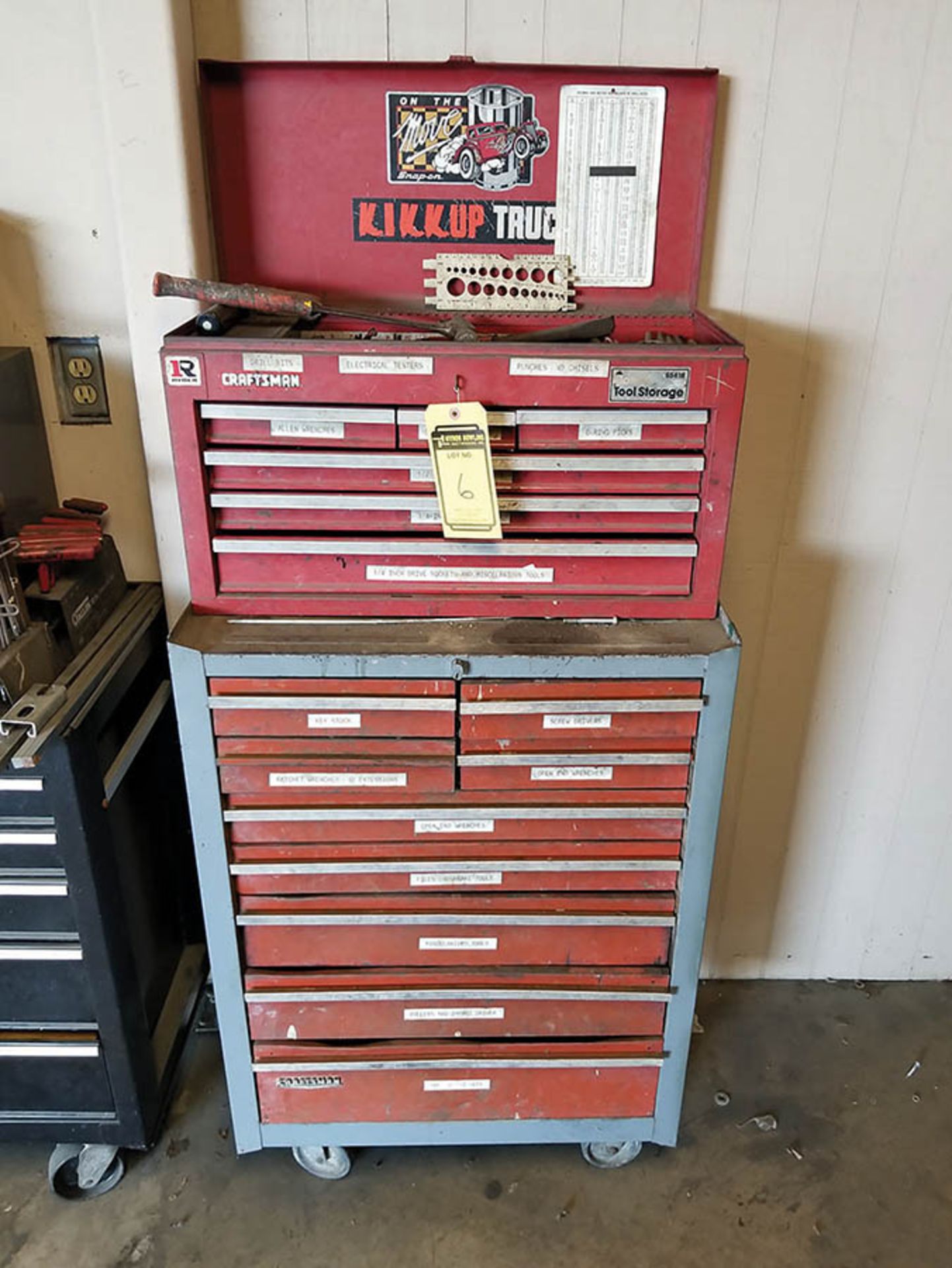 (2) CRAFTSMAN ROLLING TOOL BOXES, CRAFTSMAN TOP TOOL CABINET & DURHAM 4-CLOSE TOP DRAWER BENCH TOP