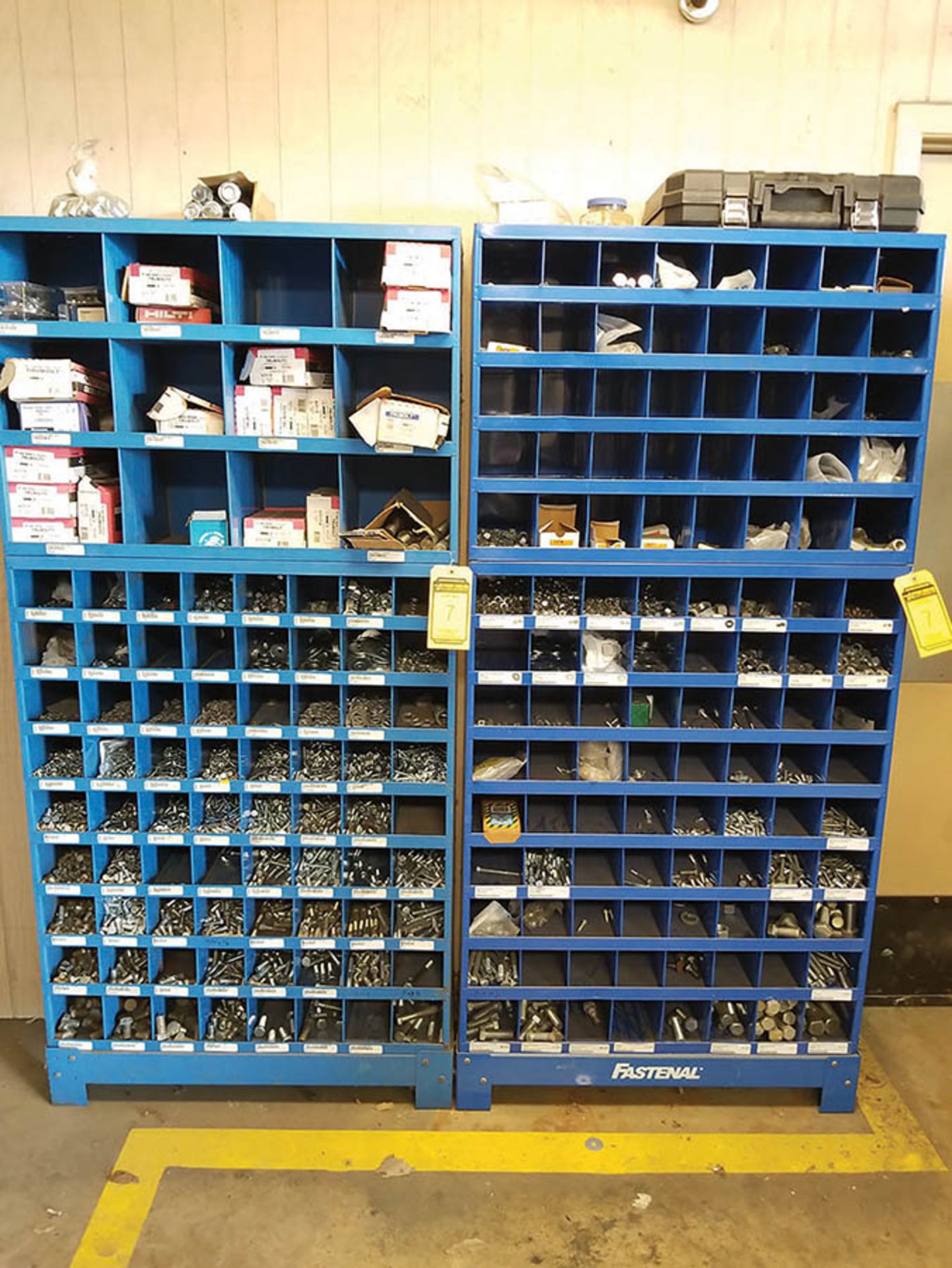 (2) FASTENAL HARDWARE BIN CABINETS WITH BOLTS, NUTS, SPRINGS, AND EDGE ANCHORS