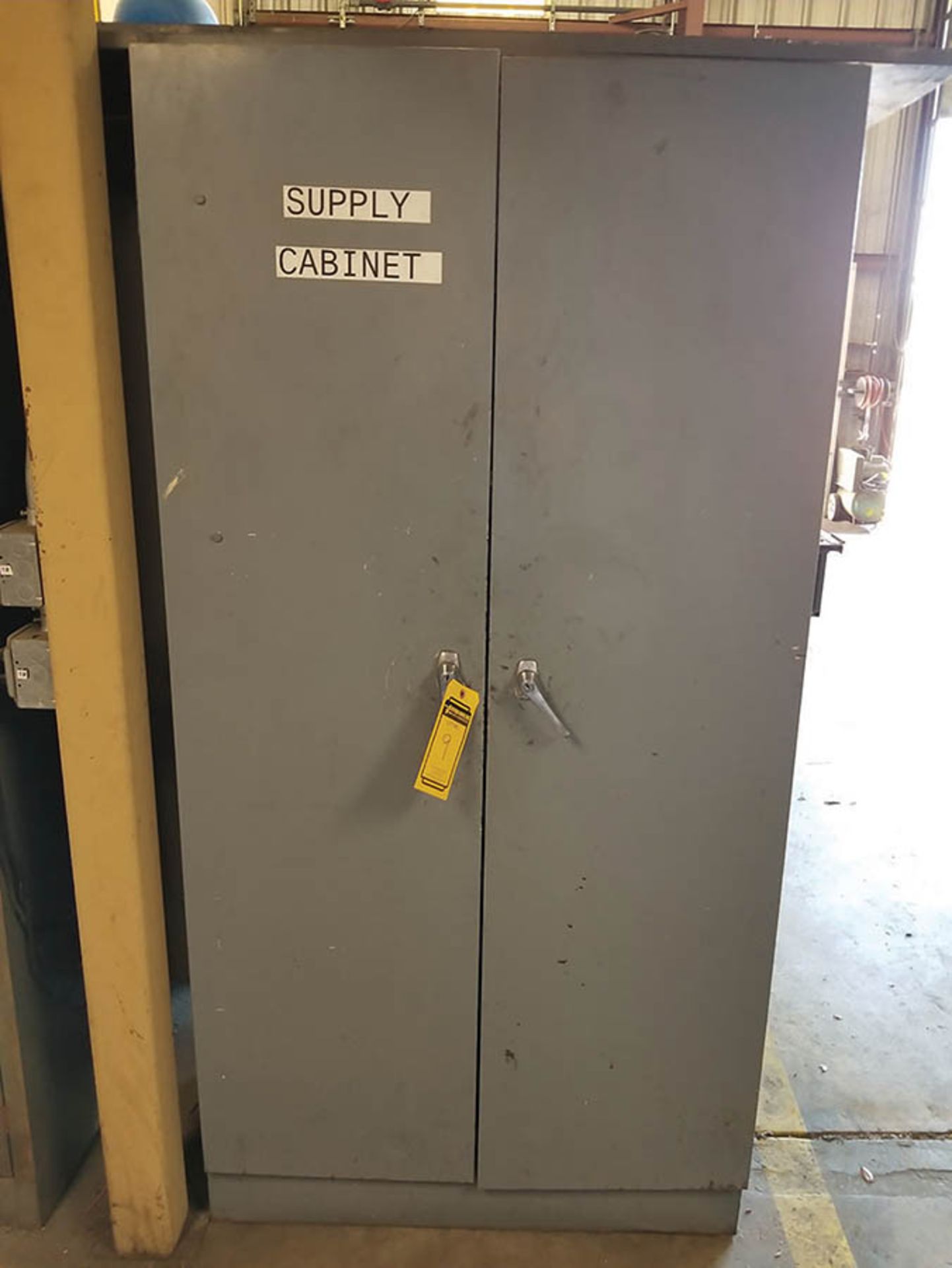 METAL SUPPLY CABINET WITH FLASHLIGHTS, TAPE MEASURE, GLOVES, JUMPER CABLES, NUMBER STAMPS, JOINT