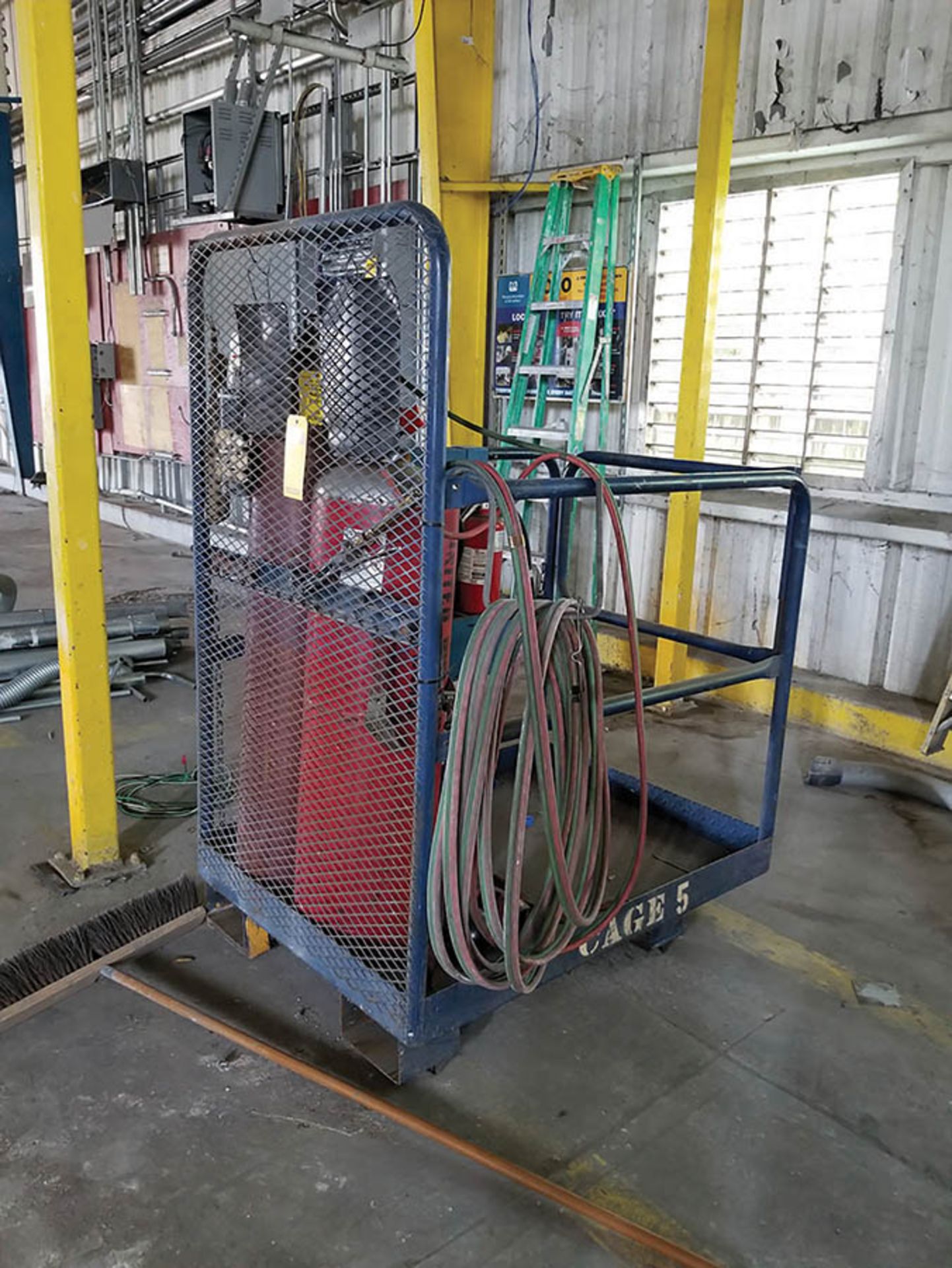 SINGLE MAN FORKLIFT BASKET AND (2) FIRE EXTINGUISHERS WITH RACK