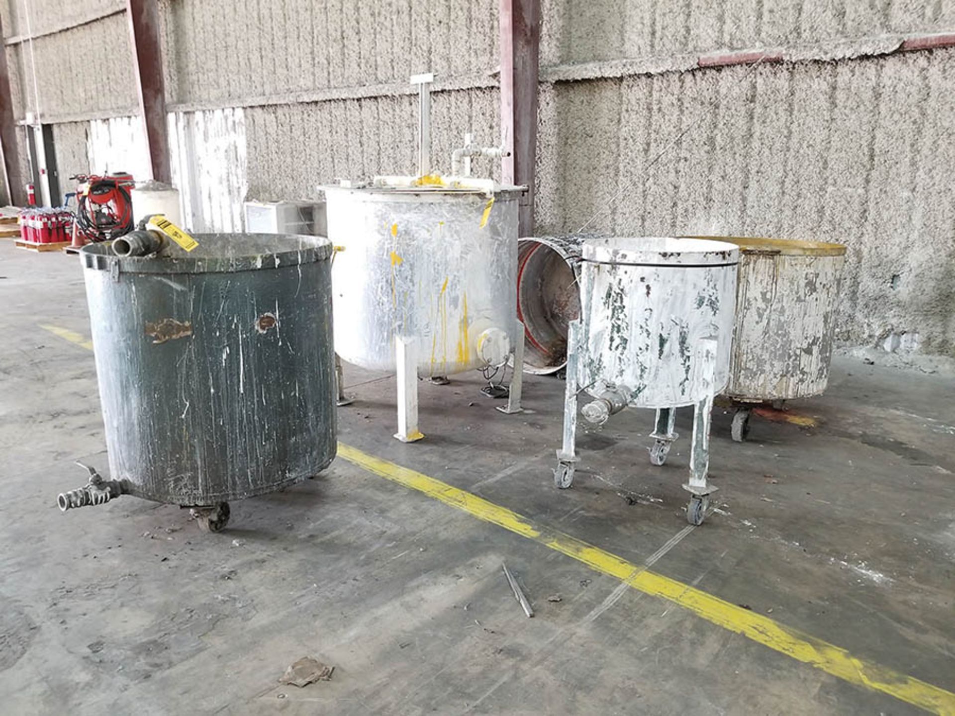 (10) STEEL/GALVANIZED MIX TANKS, SOME WITH LIDS AND TOP PUMPS AND/OR AGITATORS, SOME ON CASTERS