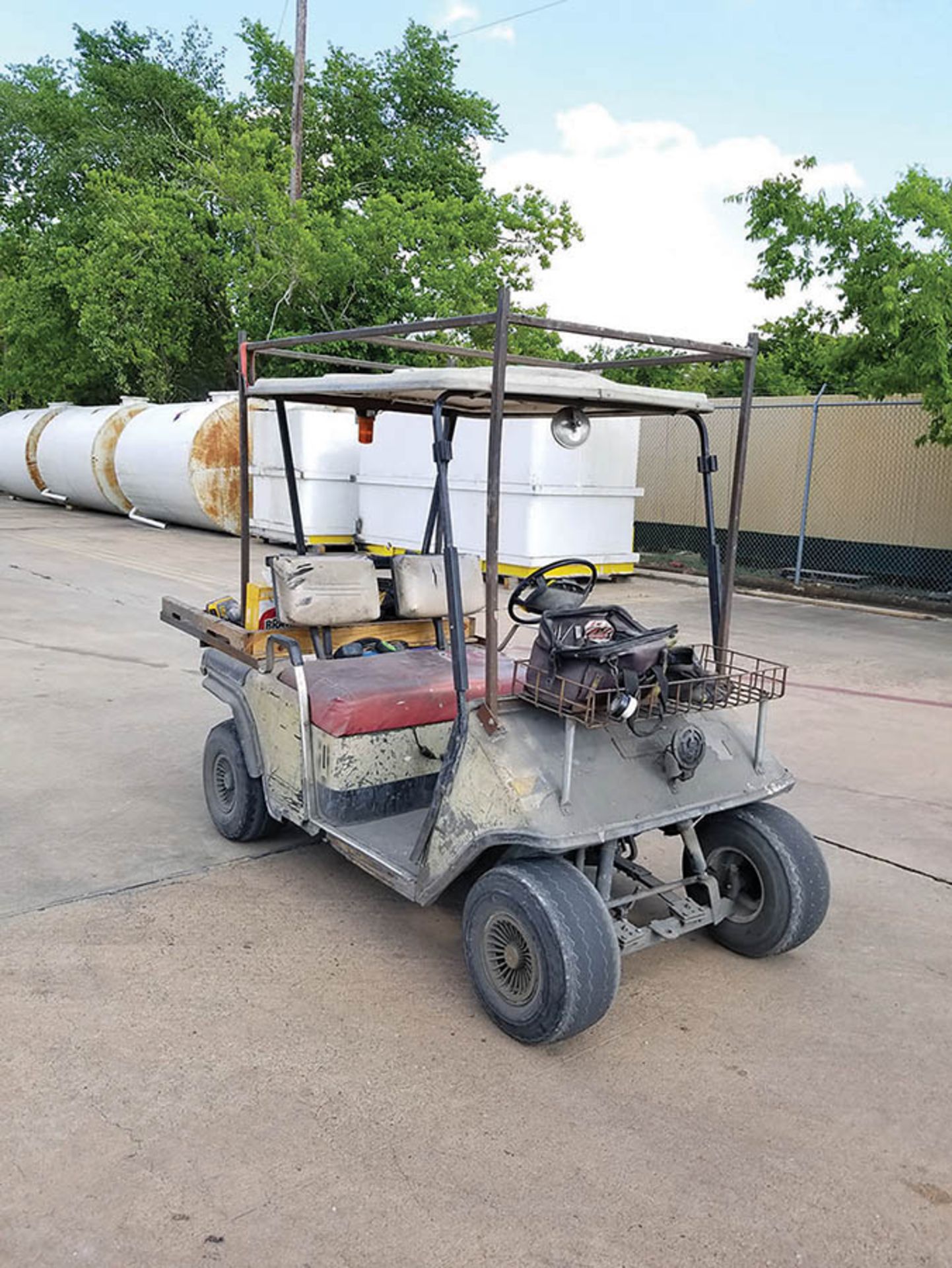 ELECTRIC FOREMAN'S GOLF CART, FRONT WIRE BASKET, EXTENDED REAR WOOD DECK, LADDER RACK, AND LESTRONIC - Image 3 of 7