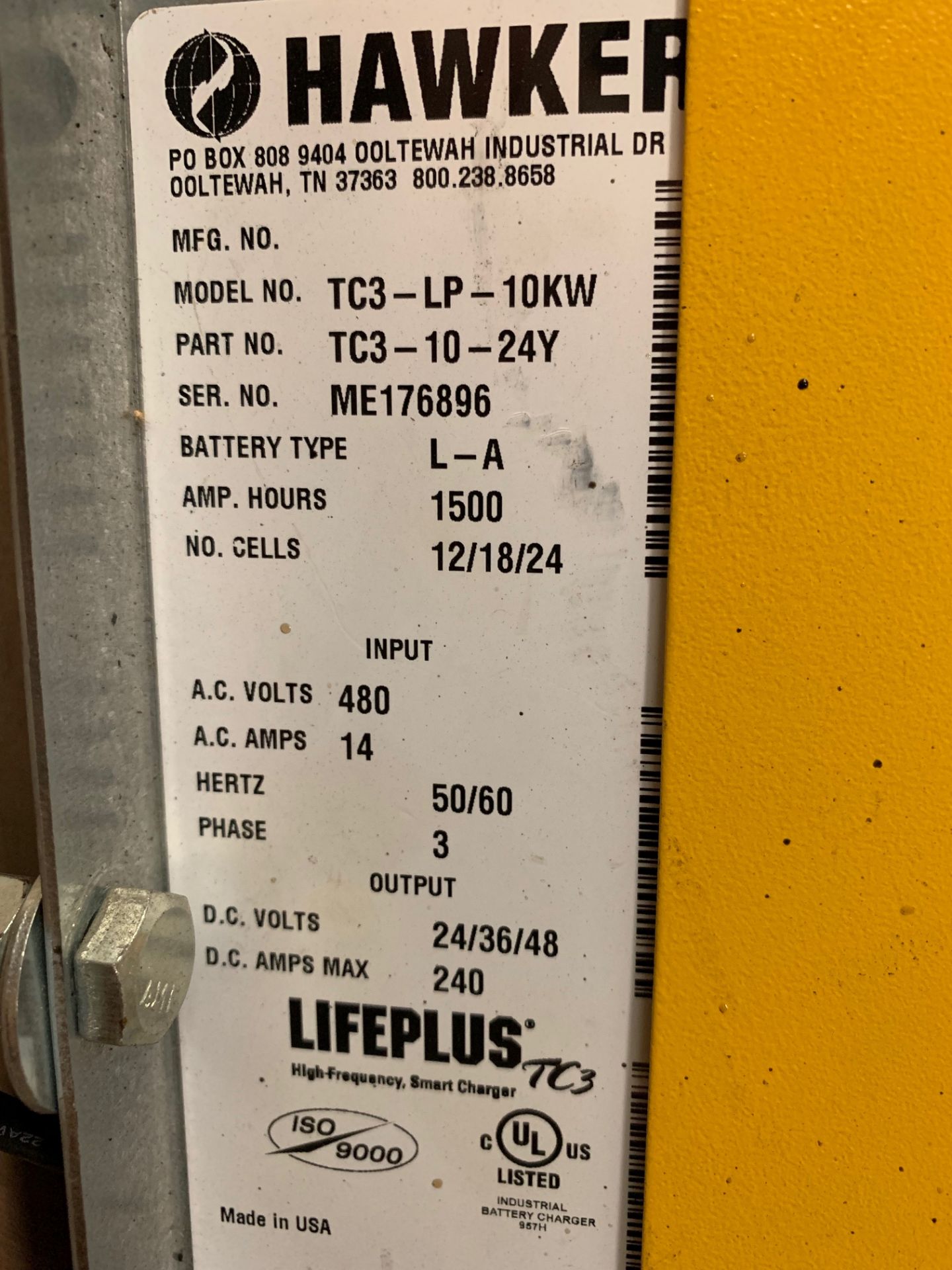 HAWKER LIFEPLUS HIGH FREQUENCY MULTI-VOLT BATTERY CHARGER, MODEL: TC3-LP-10KW, 24/36/48 VOLT - Image 2 of 2