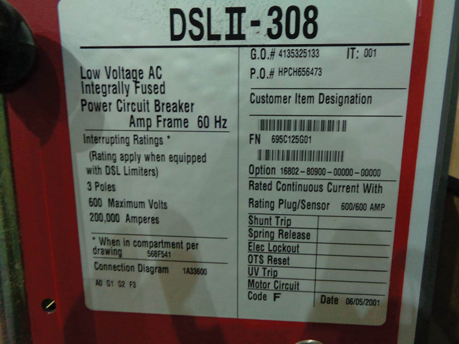 CUTLER HAMMER DSL2-308 600 AMP 3-POLE CIRCUIT BREAKER - Image 3 of 3