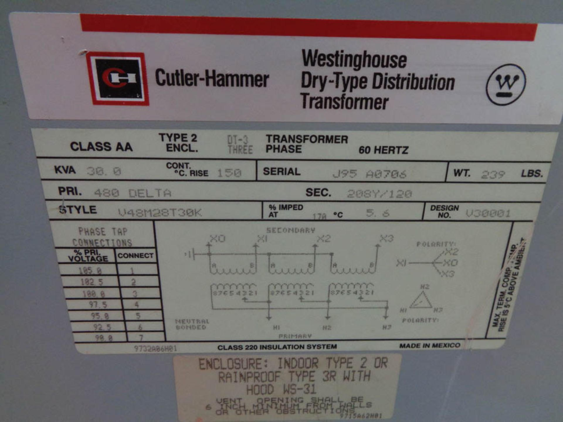 CUTLER HAMMER TRANSFORMER V48M28T30K 30 KVA PRIMARY 480V SECONDARY 208V - Image 2 of 2