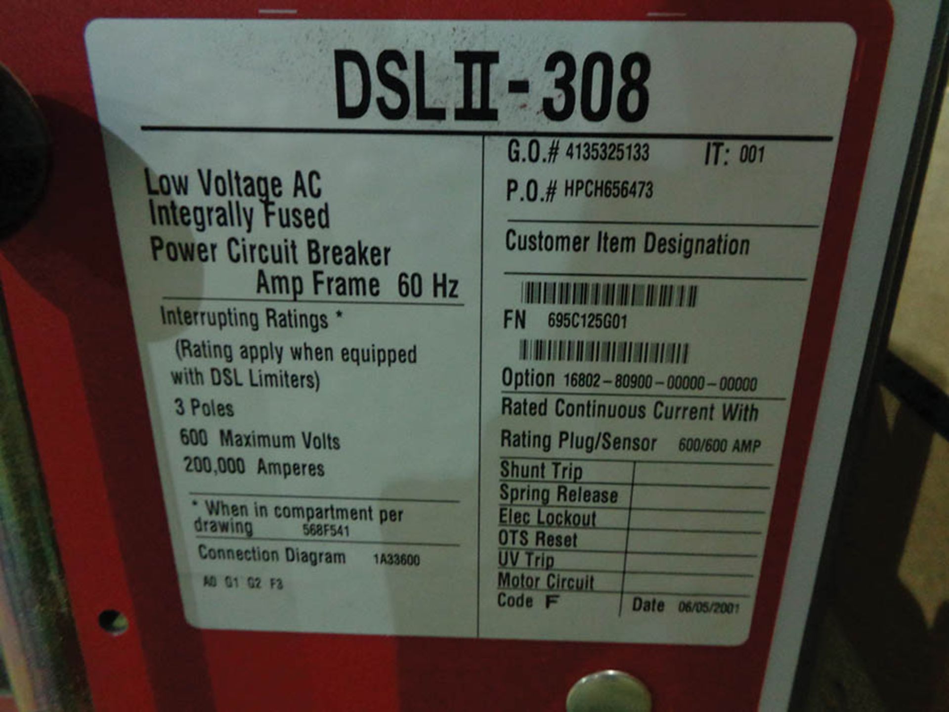 CUTLER HAMMER DSL2-308 600 AMP 3-POLE CIRCUIT BREAKER - Image 4 of 4