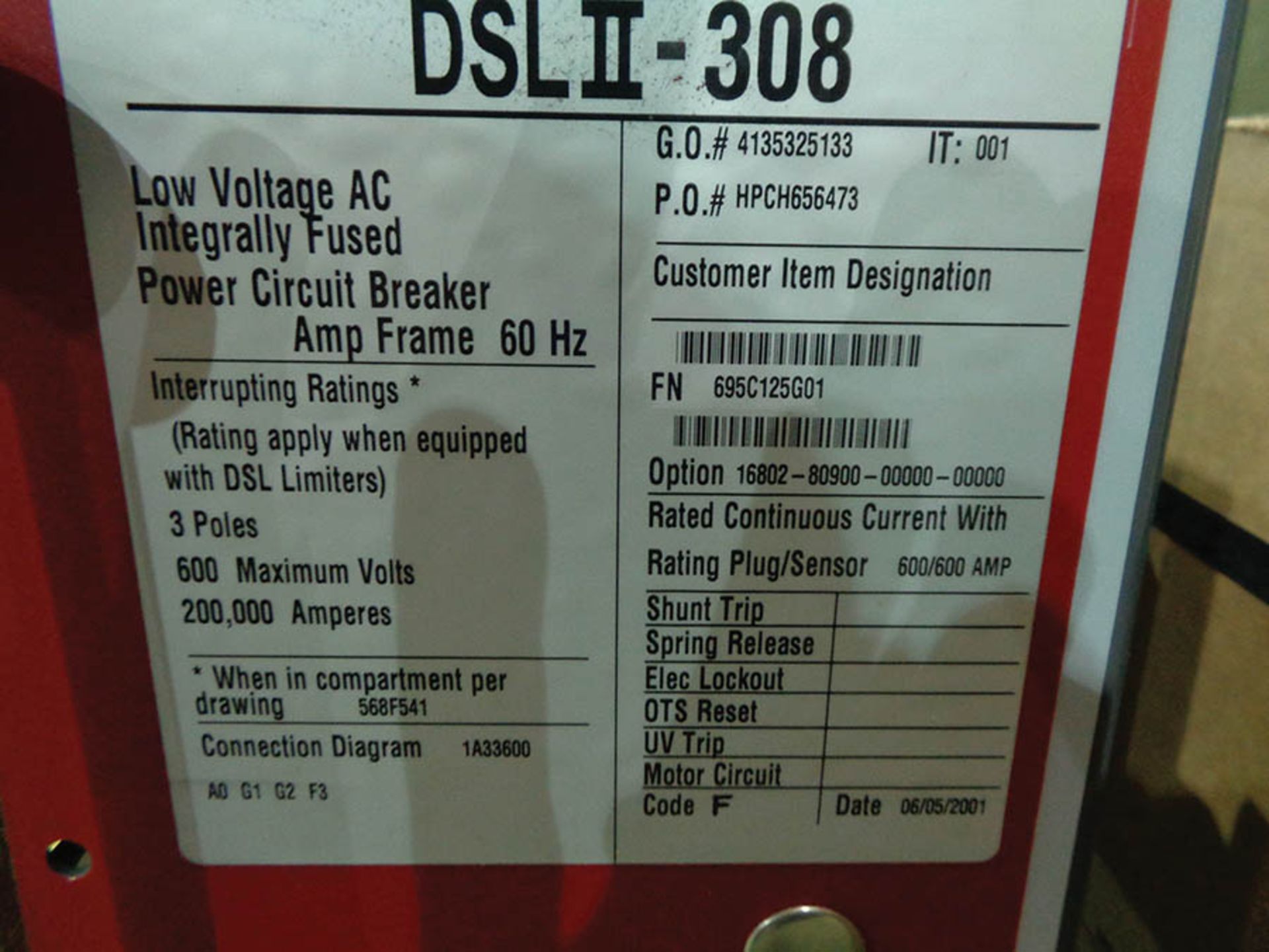 CUTLER HAMMER DSL2-308 600 AMP 3-POLE CIRCUIT BREAKER - Image 4 of 4