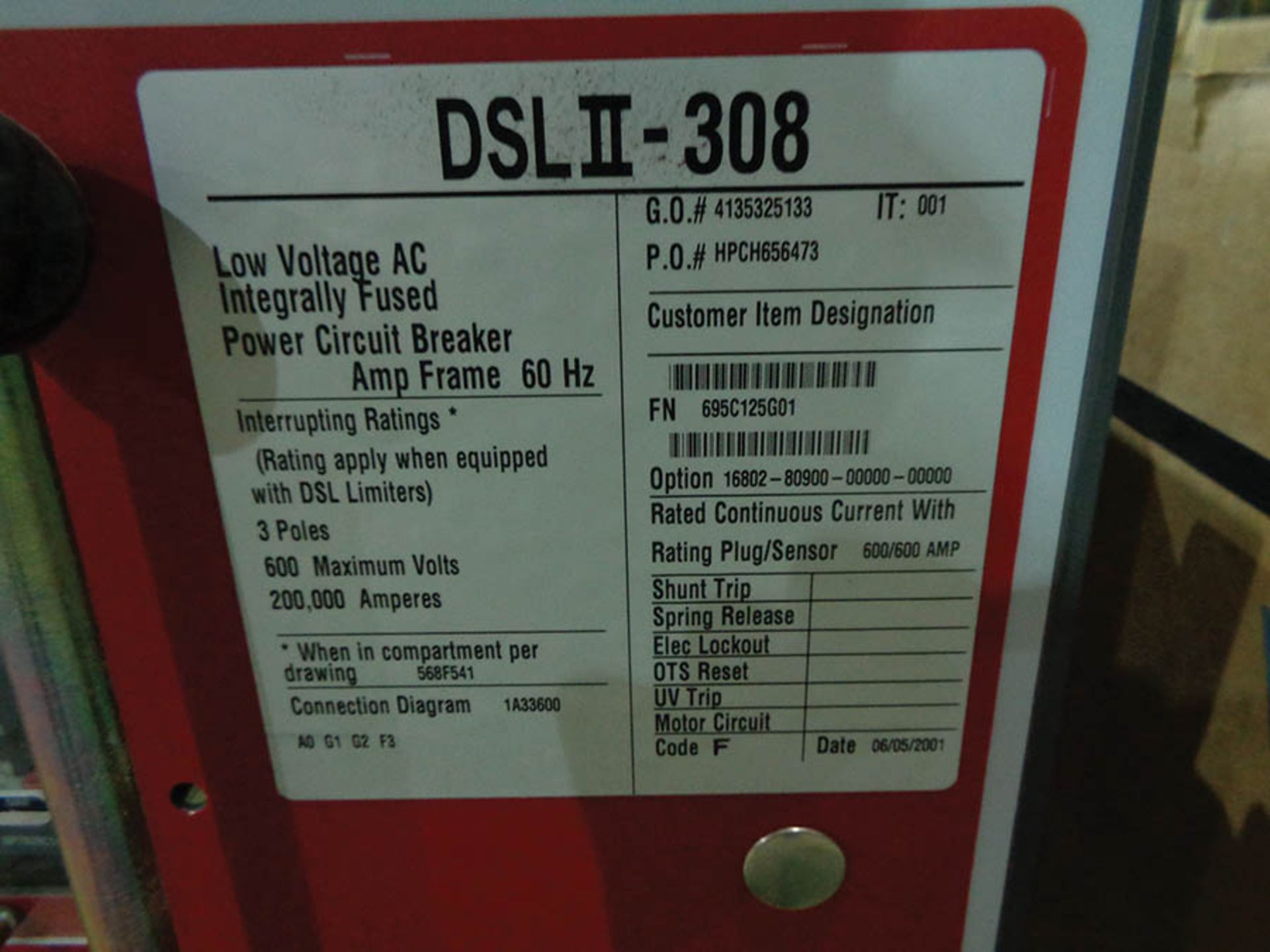 CUTLER HAMMER DSL2-308 600 AMP 3-POLE CIRCUIT BREAKER - Image 3 of 3