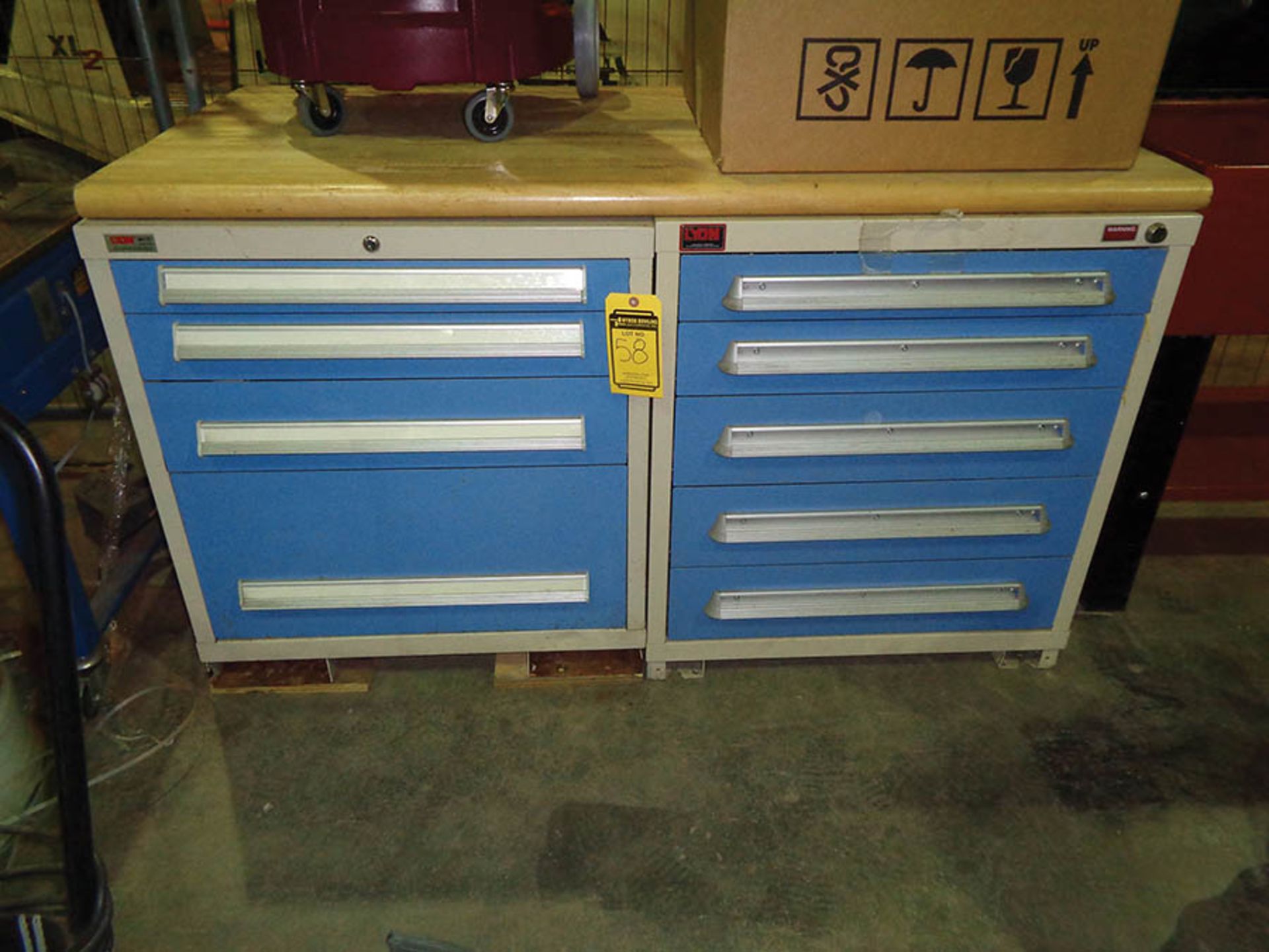 LOT OF (2) LYON 36'' INDUSTRIAL STORAGE CABINETS W/ WOOD TOP W/CONTENTS