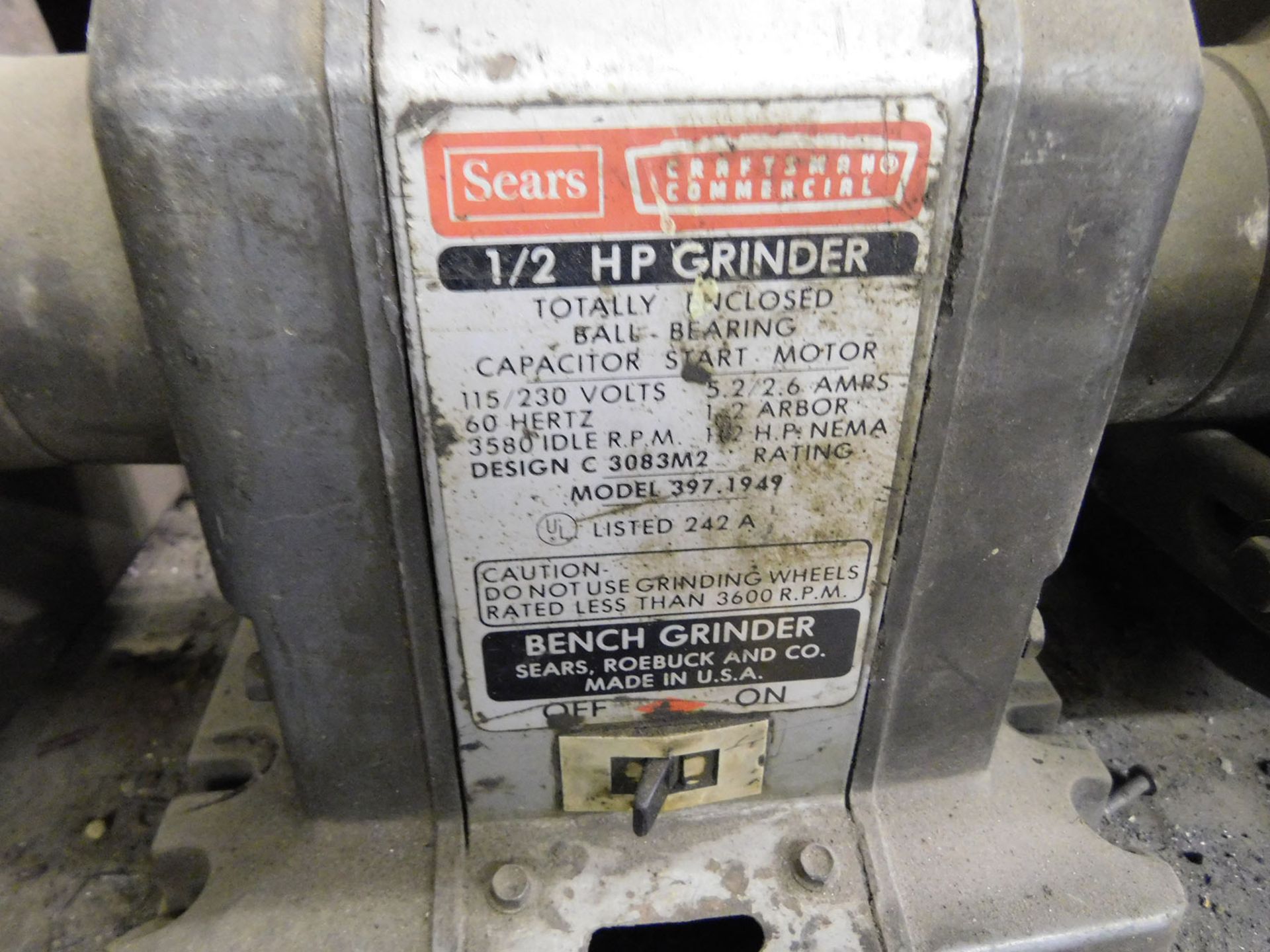 SEARS 1/2 HP BENCH GRINDER; MODEL 3971949, 115/230 VOLT, 5.2/2.6 AMPS, 60-HZ, 1/2 ARBOR, 3,58 IDLE - Image 2 of 3