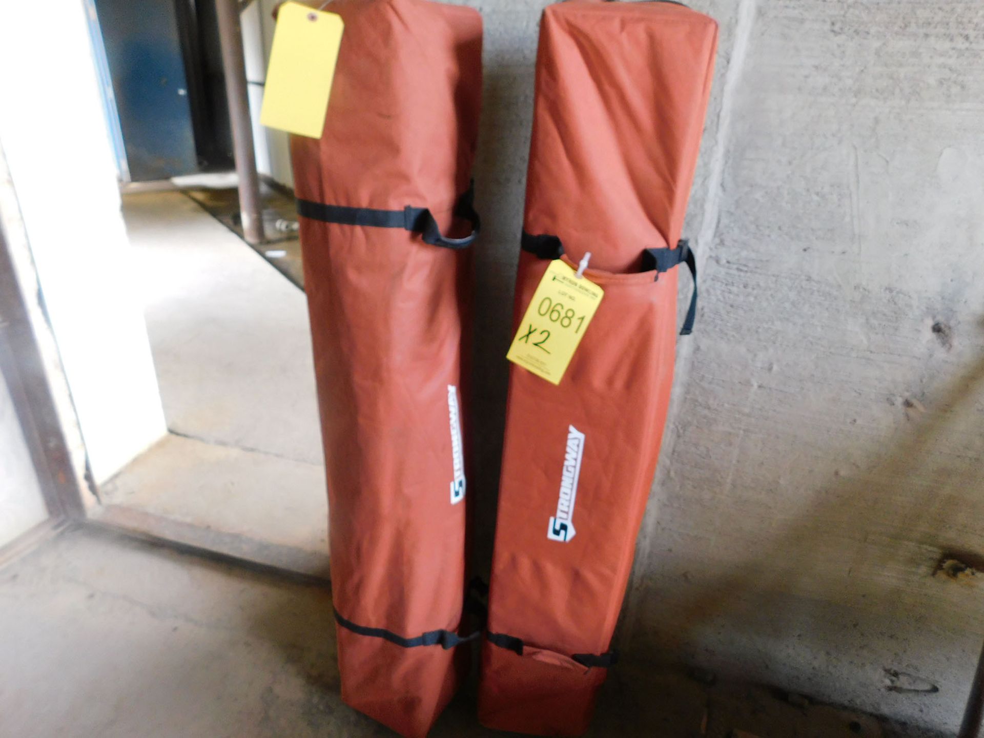 (2) STRONGWAY STRAIGHT LEG CANOPIES 12' X 12'; IN BAG WITH WHEELS (NEW)