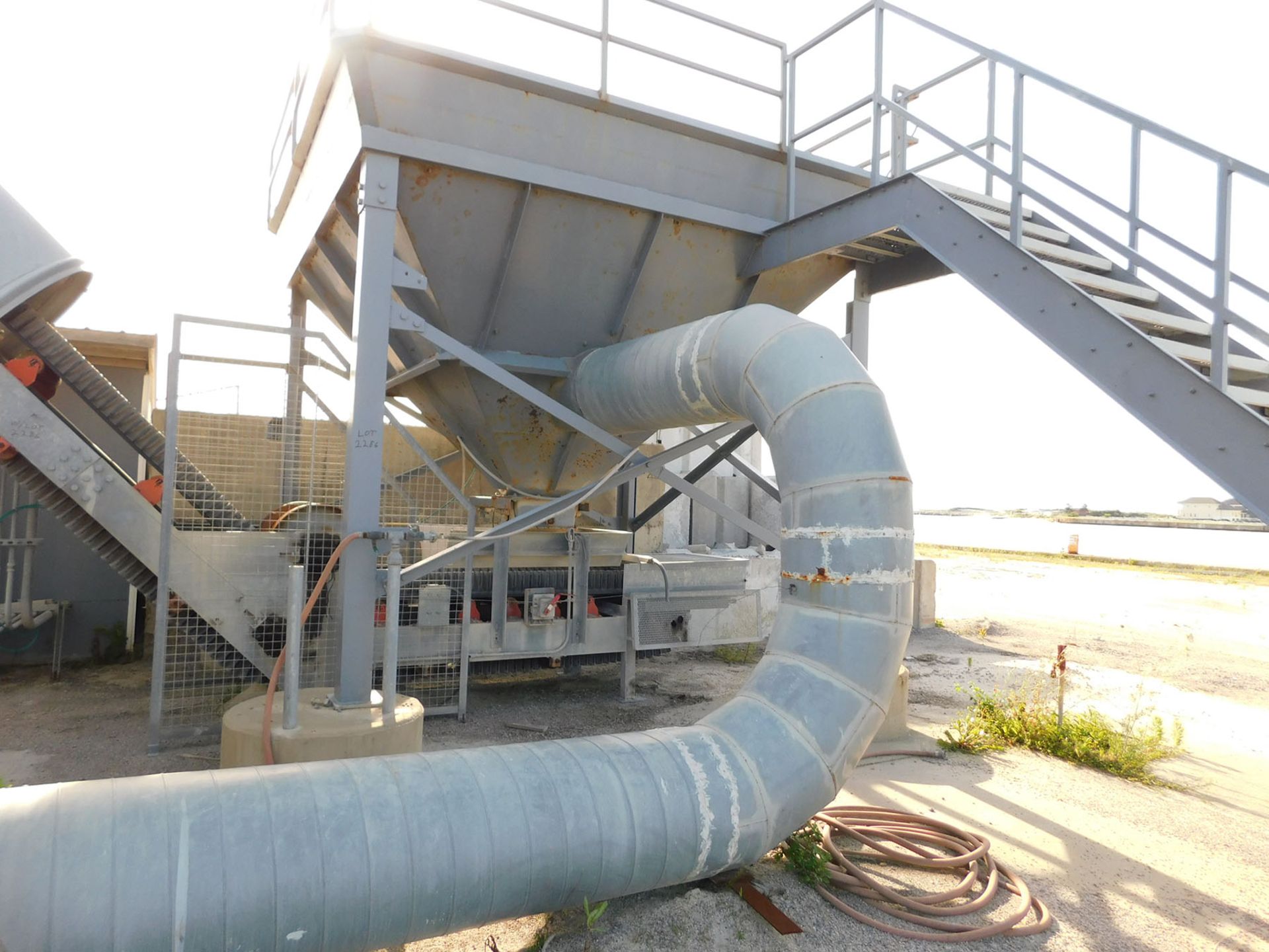 BATCH PLANT RECEIVING HOPPER, BLOWER, INCLINE CONVEYOR TO DAY BINS, AND STAIRS