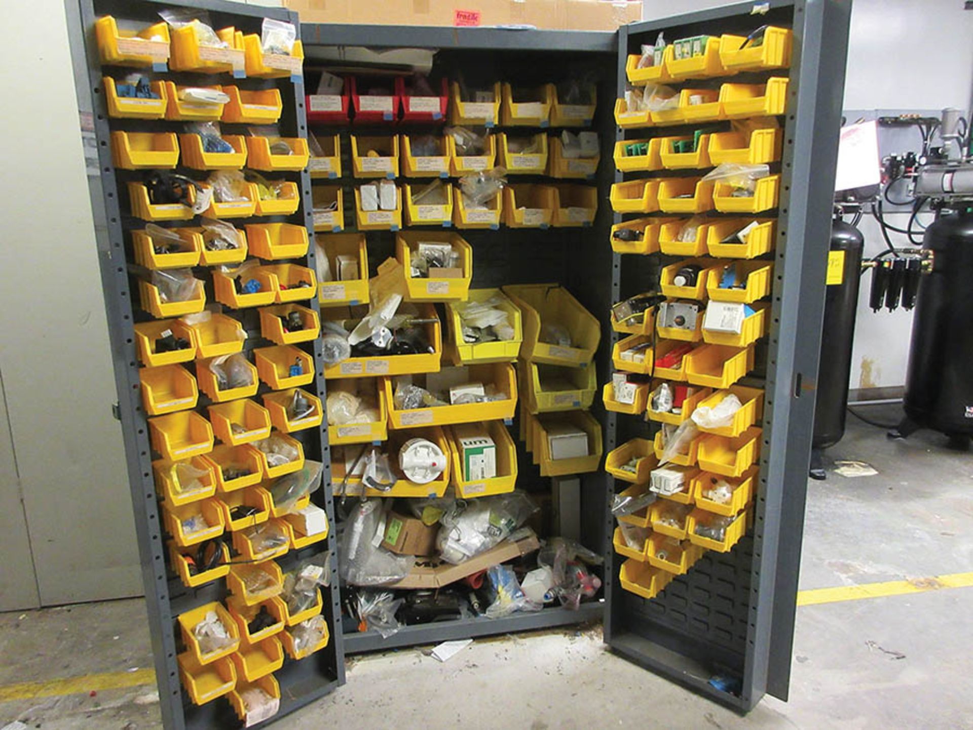 2-DOOR SMALL PARTS BIN CABINET WITH CONTENTS OF SPARE MACHINE PARTS - Image 2 of 2