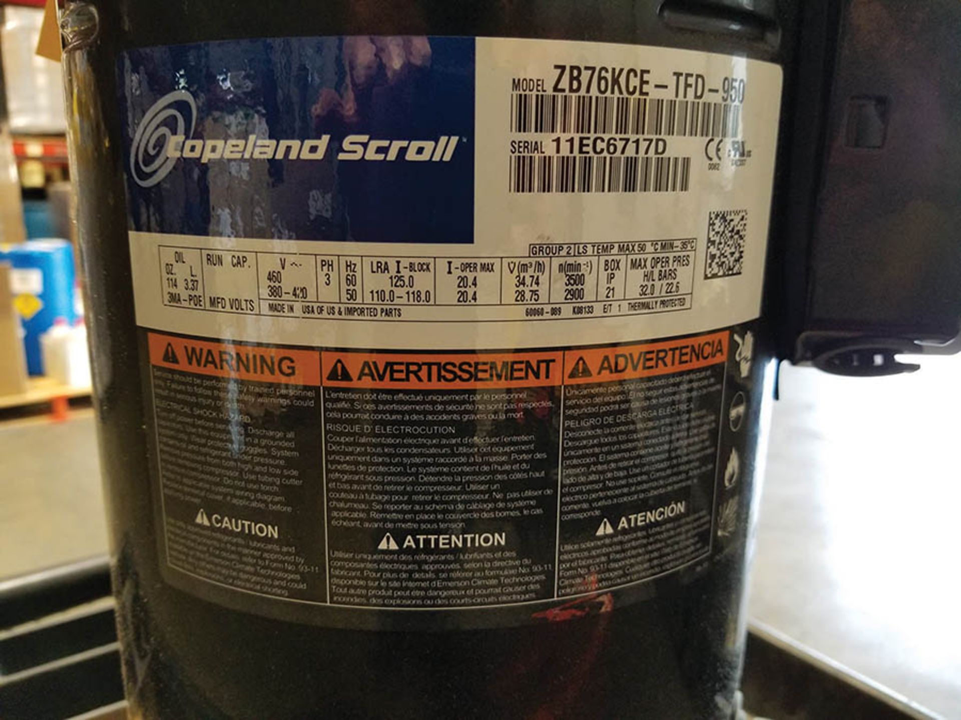 COPELAND SCROLL COMPRESSOR; MODEL ZB76KCE-TFD-950, 460V, 60/3PH, S/N 11EC6717D - Image 2 of 3