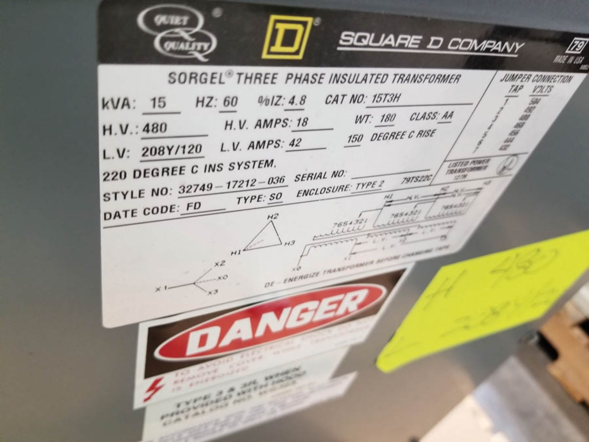 SQUARE D GENERAL PURPOSE TRANSFORMER; 15 KVA, HV 480, LV 208/120V, CAT# 15T3H - Image 3 of 3