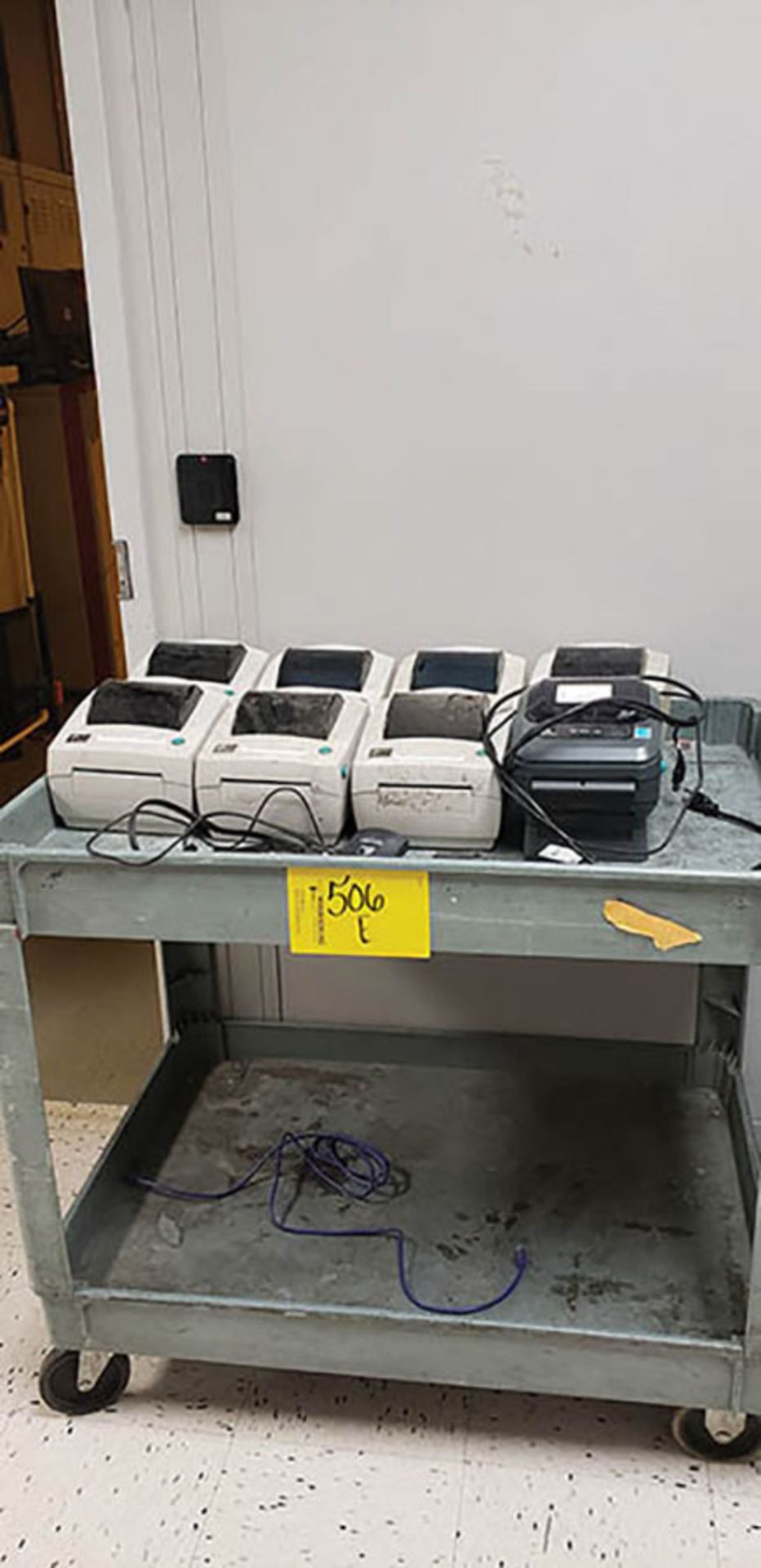 (1) CART WITH (7) ZEBRA LP2844-Z LABELERS AND (1) ZEBRA ZP450 CTP