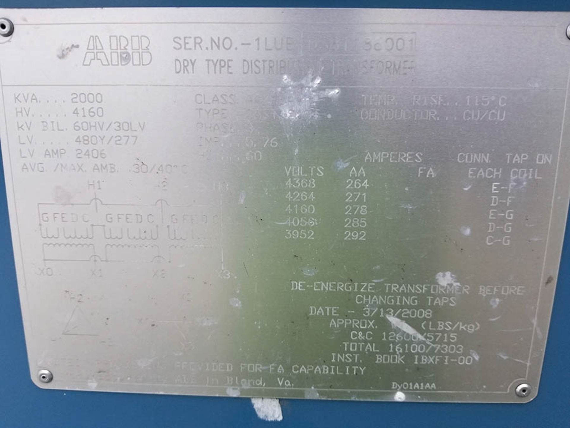 2008 ABB DRY TYPE DISTRIBUTION TRANSFORMER, 2000 KVA, QULITROL TEMP CONTROL, HV 4,160, CLASS AA/FFA - Image 4 of 8