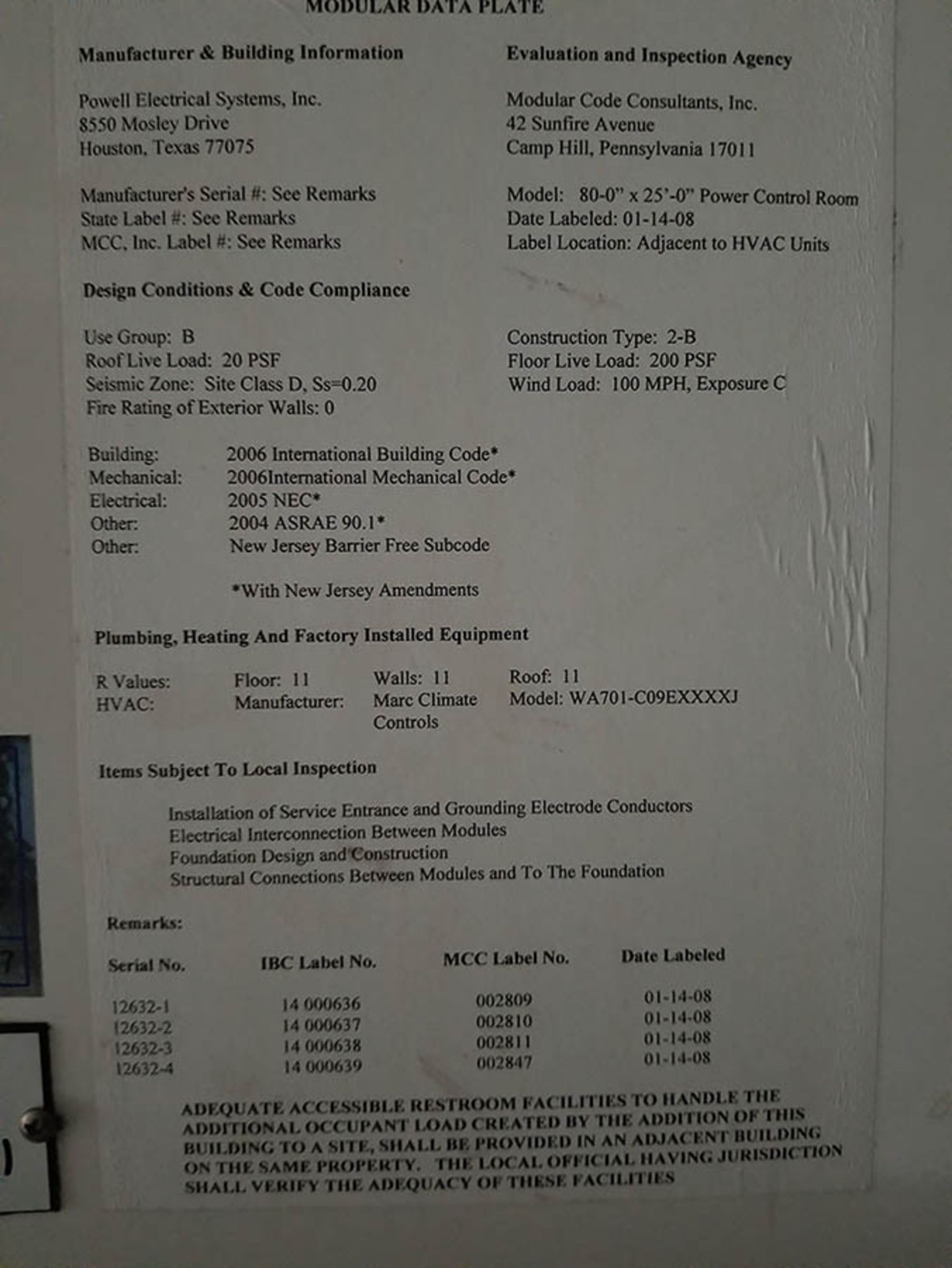 CONTENTS OF: PDC-1/ 2007 POWELL INDUSTRIES 80' X 25' MODULAR POWER CONTROL ROOM INTEGRATED EQUIPMENT - Image 28 of 33