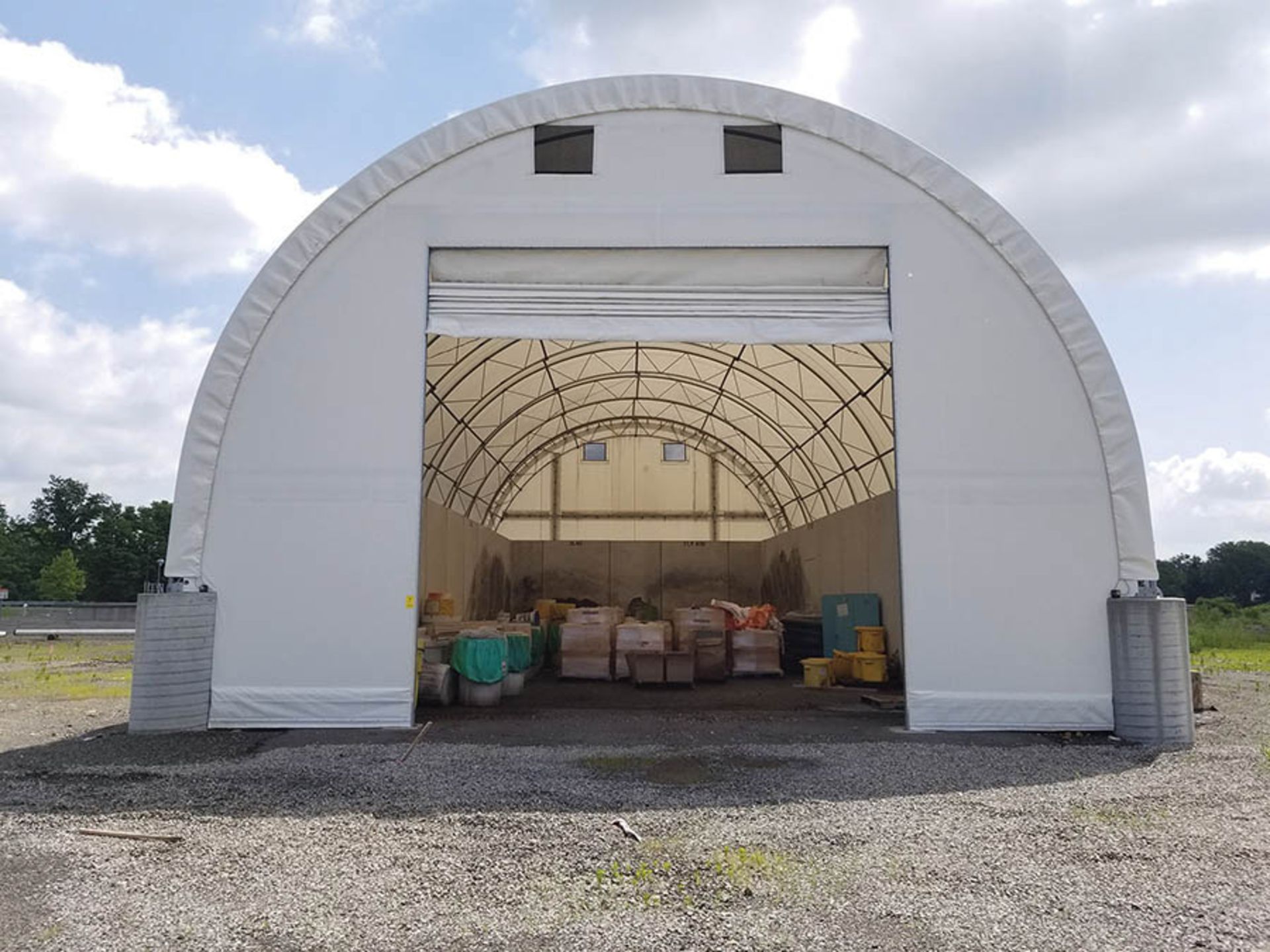 ACCU-STEEL 77' X 38' HOOP TENT BUILDING, FOLDUP TRACK DOOR, DOUBLE GIRDER HOOPS, CROSS MEMBER - Image 5 of 8