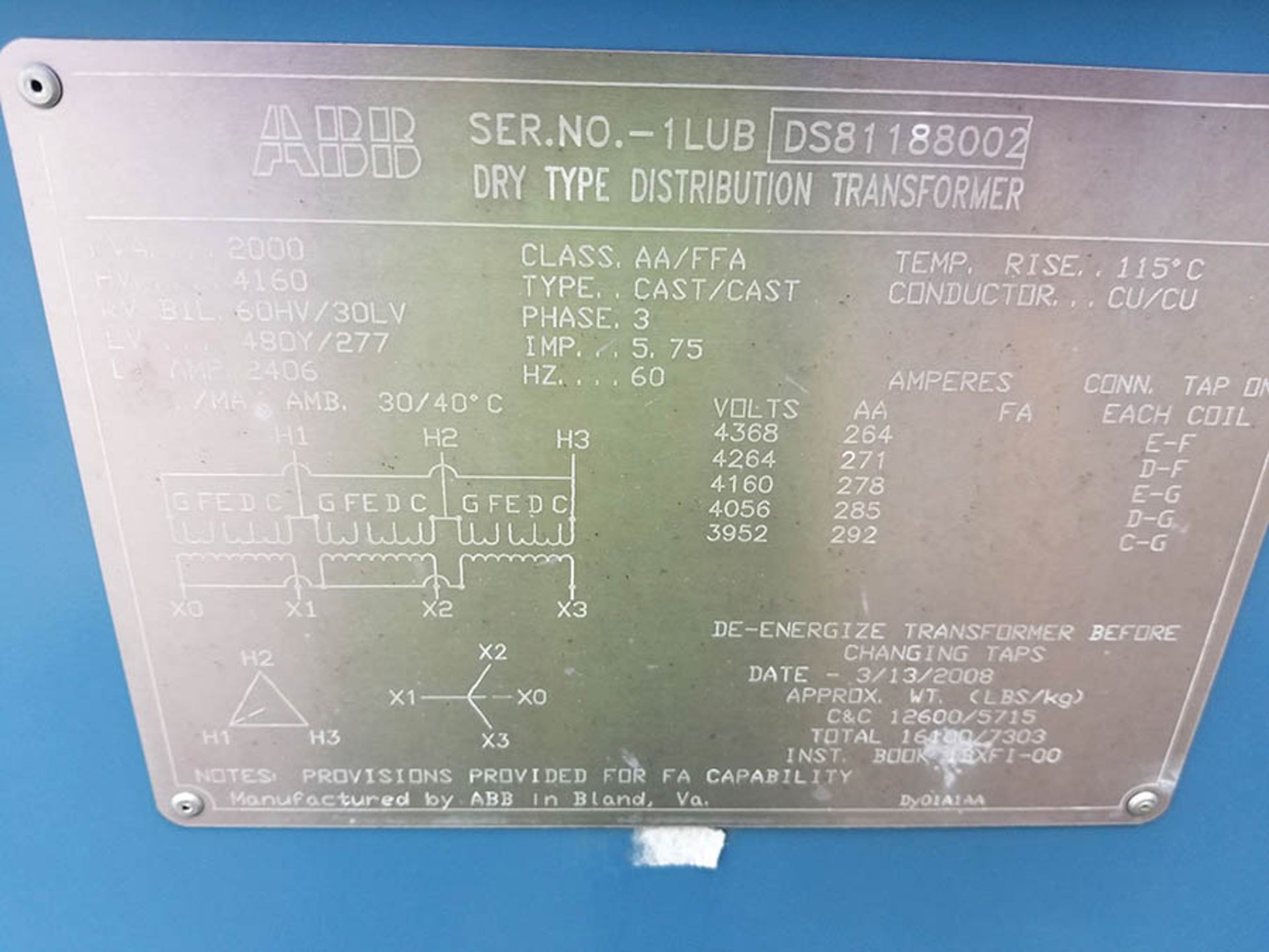 2008 ABB DRY TYPE DISTRIBUTION TRANSFORMER, 2000 KVA, QULITROL TEMP CONTROL, HV 4,160, CLASS AA/FFA - Image 5 of 6