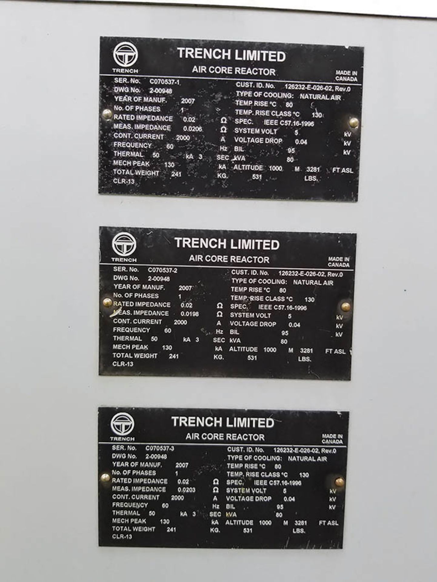 2007 TRENCH LIMITED 2000A AIR CORE REACTORS, SINGLE PHASE, 60HZ, THERMAL 50KA -3 SEC - Image 7 of 7