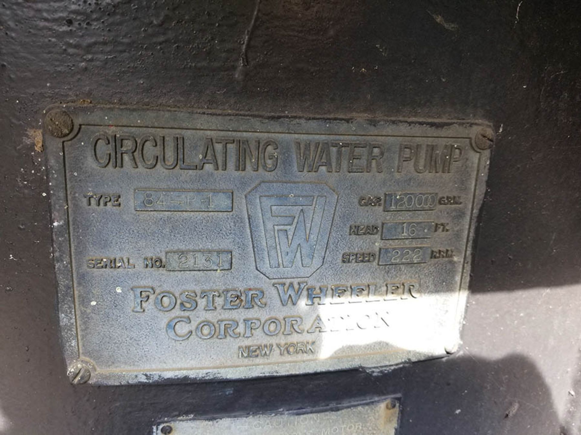 FOSTER WHEELER CIRCULATING WATER PUMP, TYPE 84 P-1, 120,000 GPM CAPACITY, 16' HEAD, 222 RPM, S/N - Image 2 of 4