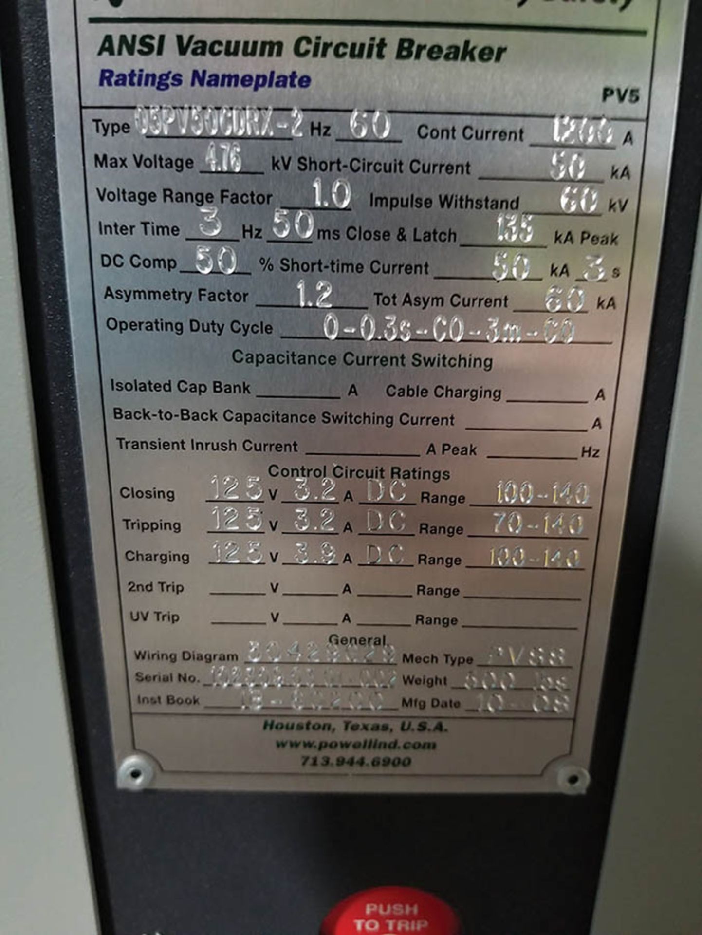 2008 POWELL ANSI VACUUM CIRCUIT BREAKER, 1200A CONT. CURRENT, 60 HZ, VOLTAGE RANGE FACTOR 1.0 - Image 5 of 6