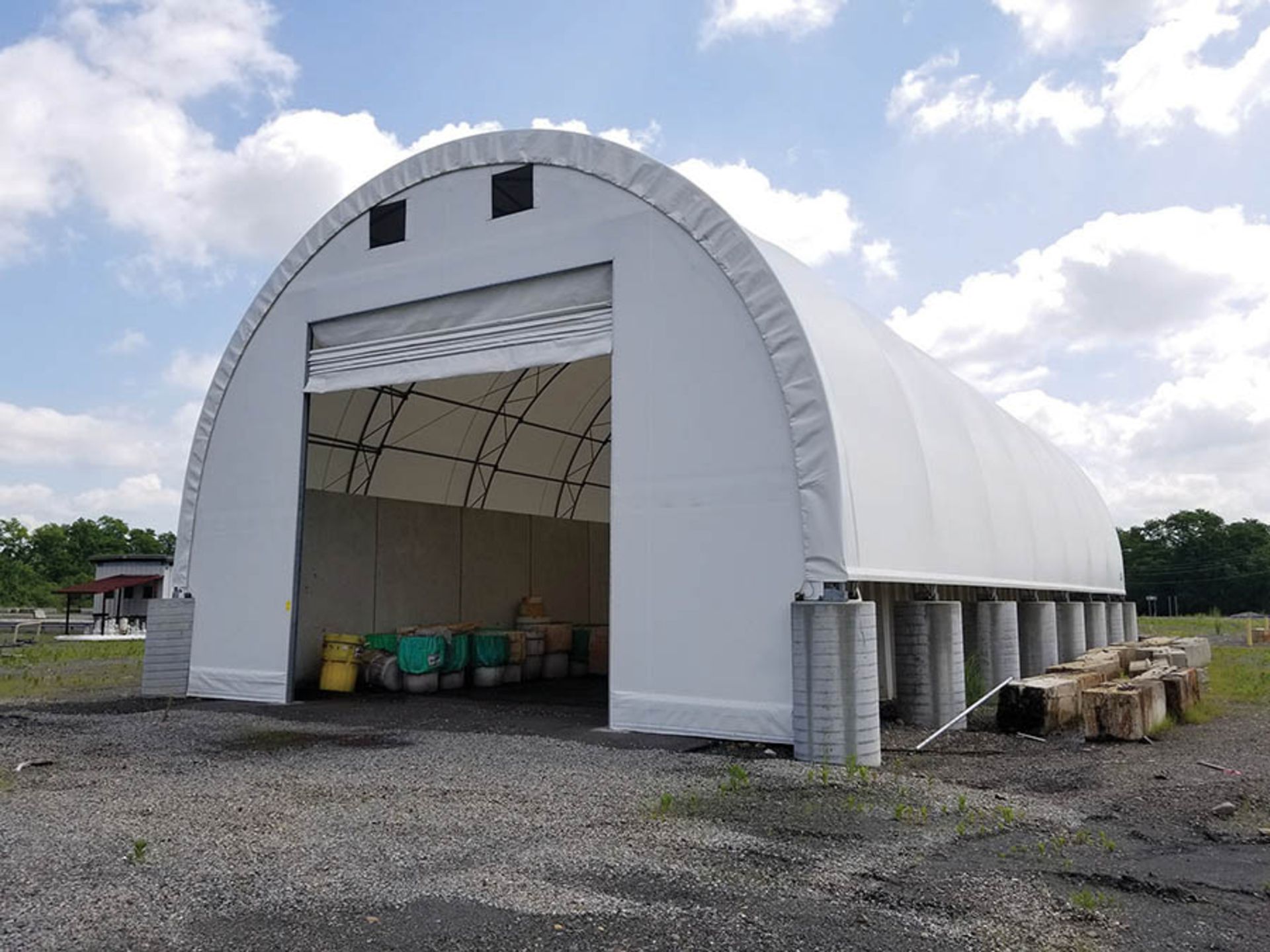 ACCU-STEEL 77' X 38' HOOP TENT BUILDING, FOLDUP TRACK DOOR, DOUBLE GIRDER HOOPS, CROSS MEMBER - Image 2 of 8