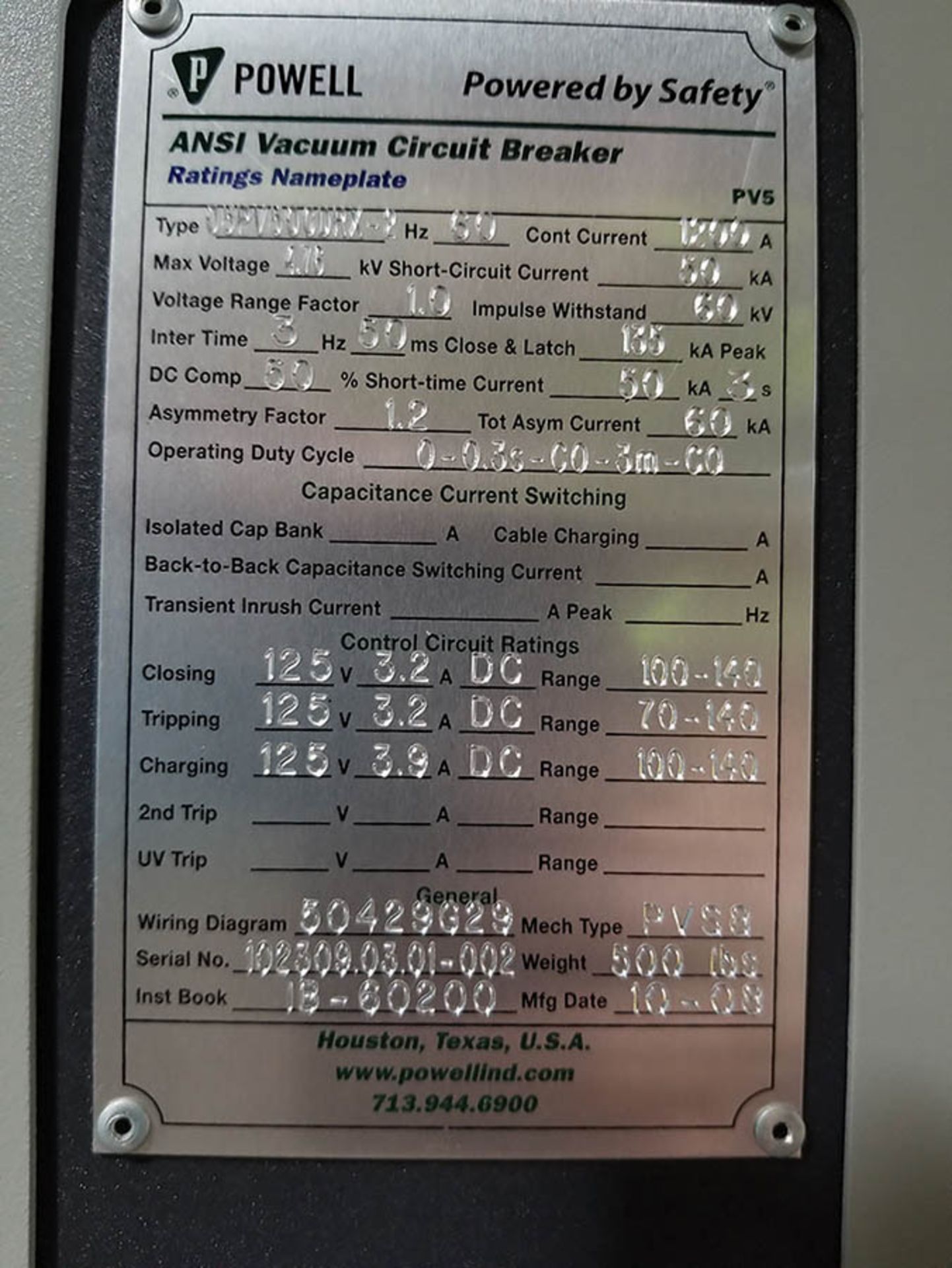 2008 POWELL ANSI VACUUM CIRCUIT BREAKER, 1200A CONT. CURRENT, 60 HZ, VOLTAGE RANGE FACTOR 1.0 - Image 4 of 6