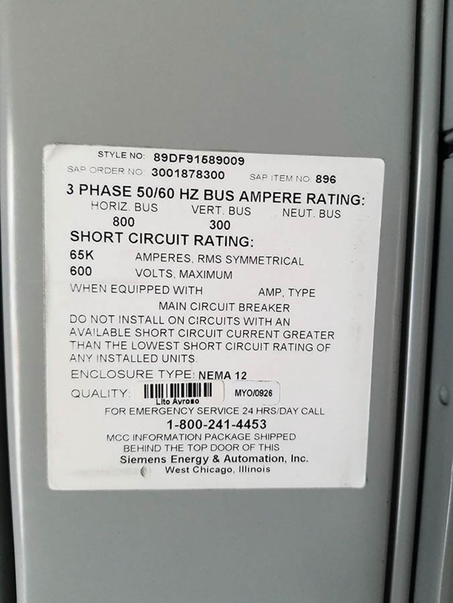 PDC-22 CONTENTS / SIEMENS 8 COLUMN, 6 BUCKET MCC UNIT, 800 HOR. BUS RATING, 300 VERT. BUS RATING, - Image 27 of 33