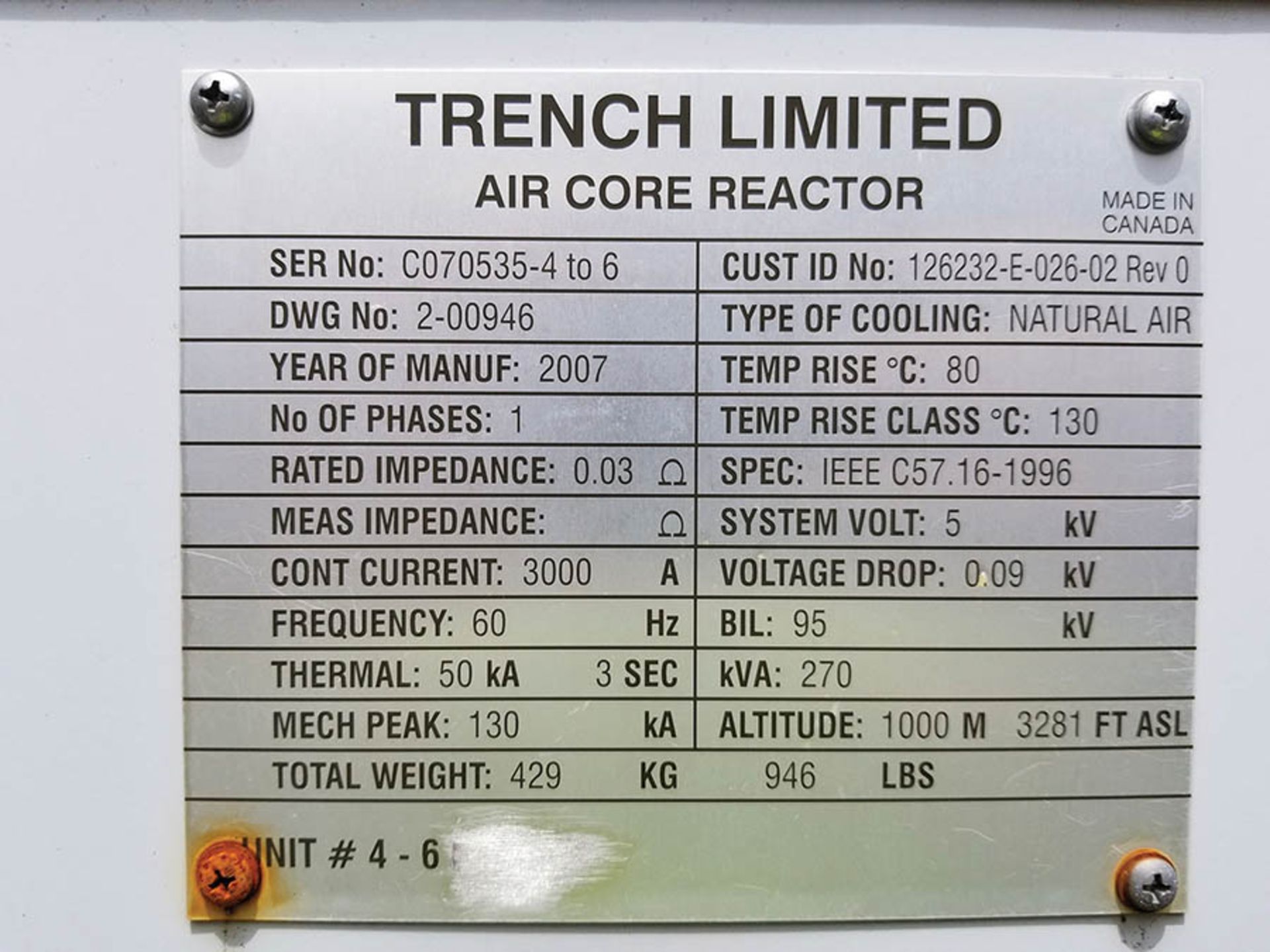 2007 TRENCH LIMITED 3000A AIR CORE REACTOR, SINGLE PHASE, 60HZ, THERMAL 50KA-3 SEC - Image 4 of 5