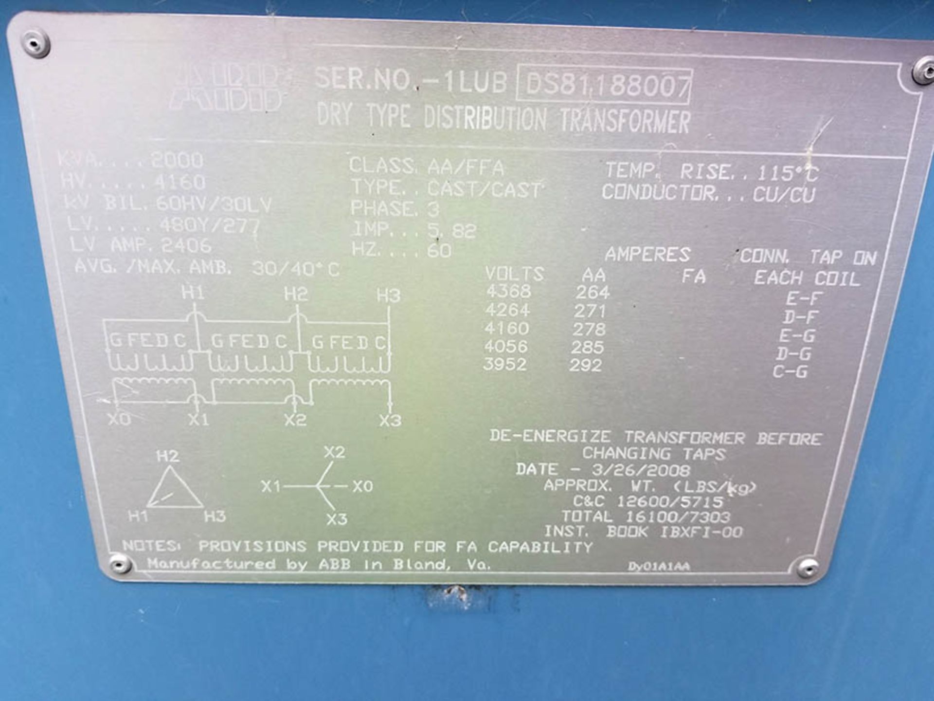 2008 ABB DRY TYPE DISTRIBUTION TRANSFORMER, 2000 KVA, QULITROL TEMP CONTROL, HV 4,160, CLASS AA/FFA - Image 5 of 5