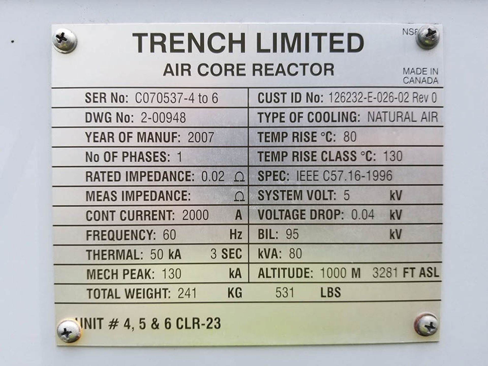 2007 TRENCH LIMITED 2000A AIR CORE REACTORS, SINGLE PHASE, 60HZ, THERMAL 50KA -3 SEC - Image 4 of 5