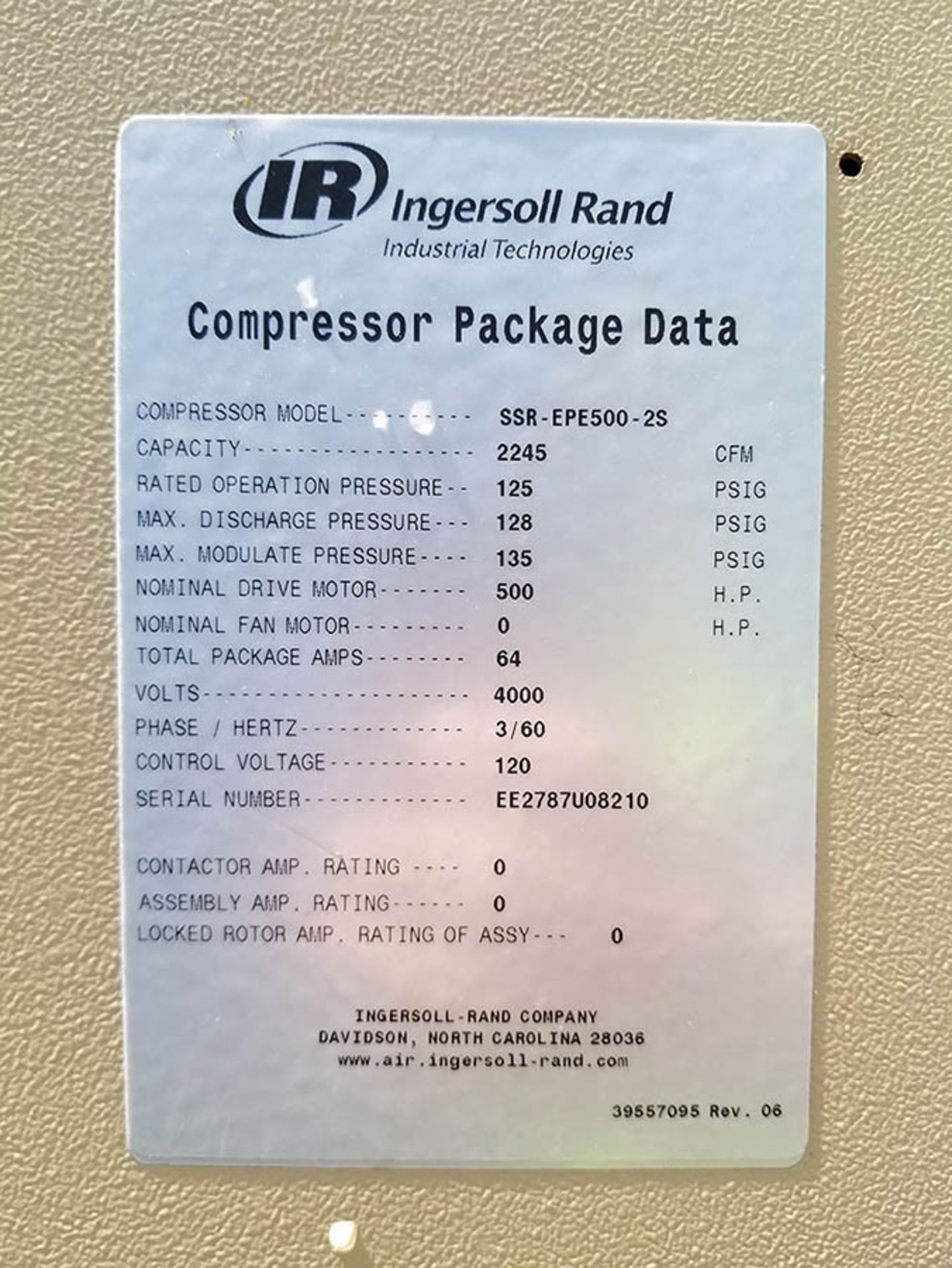 2008 INGERSOLL-RAND 500-HP ROTARY SCREW AIR COMPRESSOR, MODEL SSR-EPE500-2S, 2245 CFM, 125 PSIG - Image 4 of 6