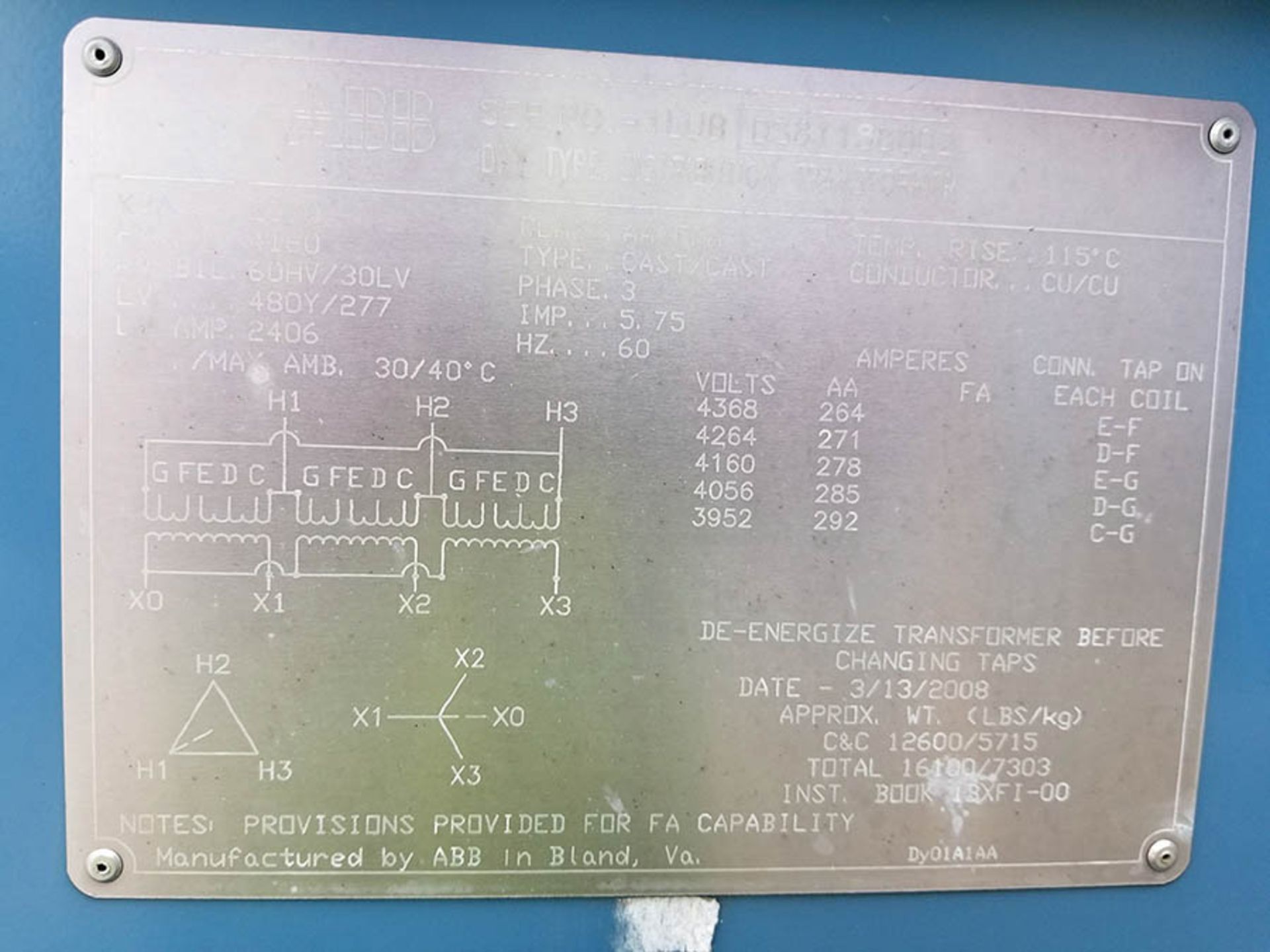 2008 ABB DRY TYPE DISTRIBUTION TRANSFORMER, 2000 KVA, QULITROL TEMP CONTROL, HV 4,160, CLASS AA/FFA - Image 4 of 6