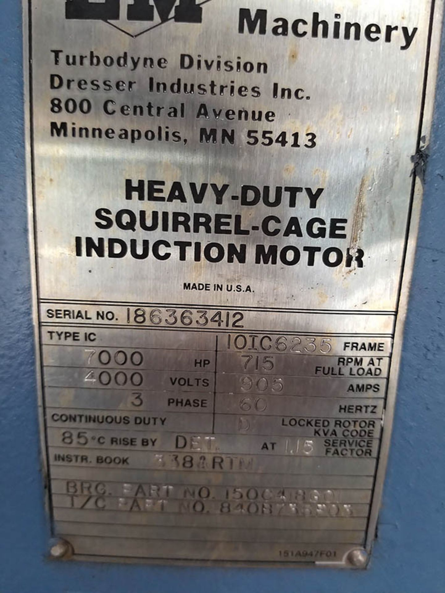 EM MACHINERY 7000 HP HEAVY-DUTY SQUIRREL CAGE INDUCTION MOTORS, S/N 186363412, 715 RPM, 60 HZ, 3 PH, - Image 4 of 9