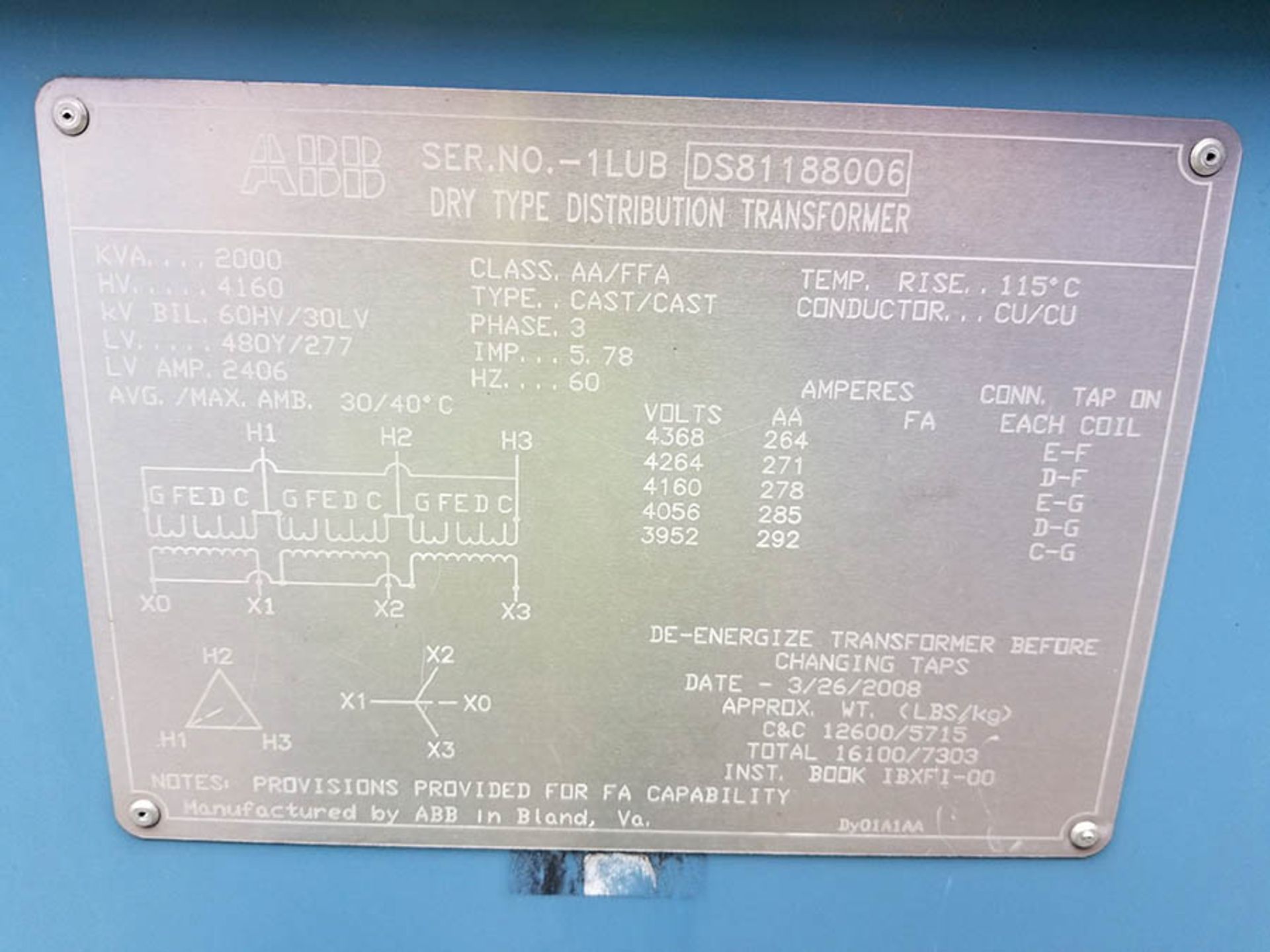 2008 ABB DRY TYPE DISTRIBUTION TRANSFORMER, 2000 KVA, QULITROL TEMP CONTROL, HV 4,160, CLASS AA/FFA - Image 5 of 5