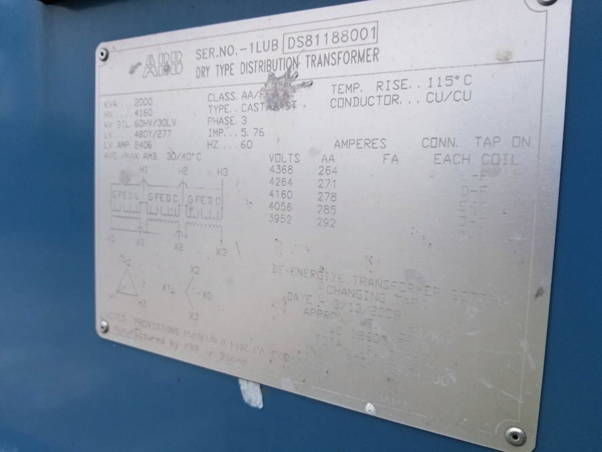 2008 ABB DRY TYPE DISTRIBUTION TRANSFORMER, 2000 KVA, QULITROL TEMP CONTROL, HV 4,160, CLASS AA/FFA - Image 5 of 8