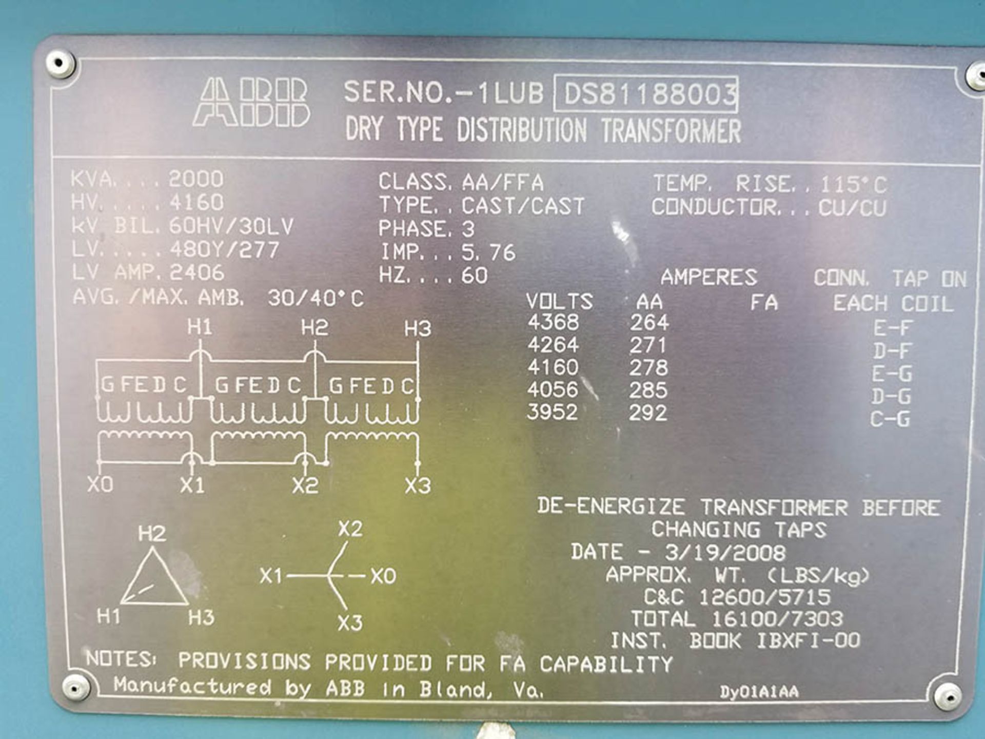 2008 ABB DRY TYPE DISTRIBUTION TRANSFORMER, 2000 KVA, QULITROL TEMP CONTROL, HV 4,160, CLASS AA/FFA - Image 4 of 5